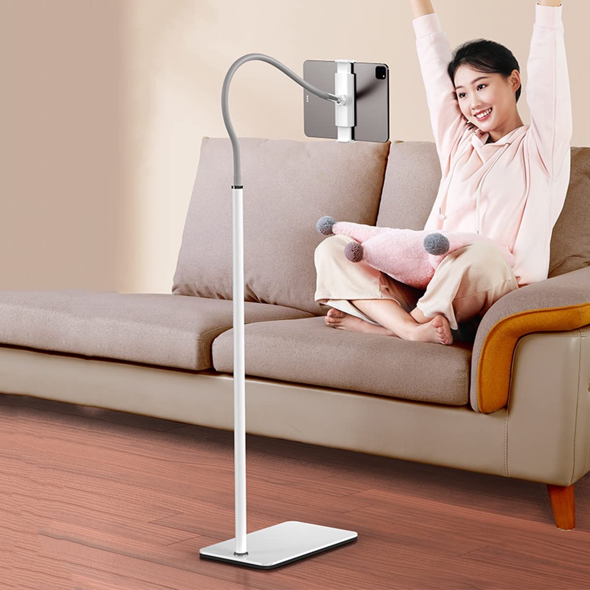 GENYS Universal Tablet Gooseneck Floor Stand - Adjustable Height Bed Tablet Holder with Sturdy Base for 4-12.8