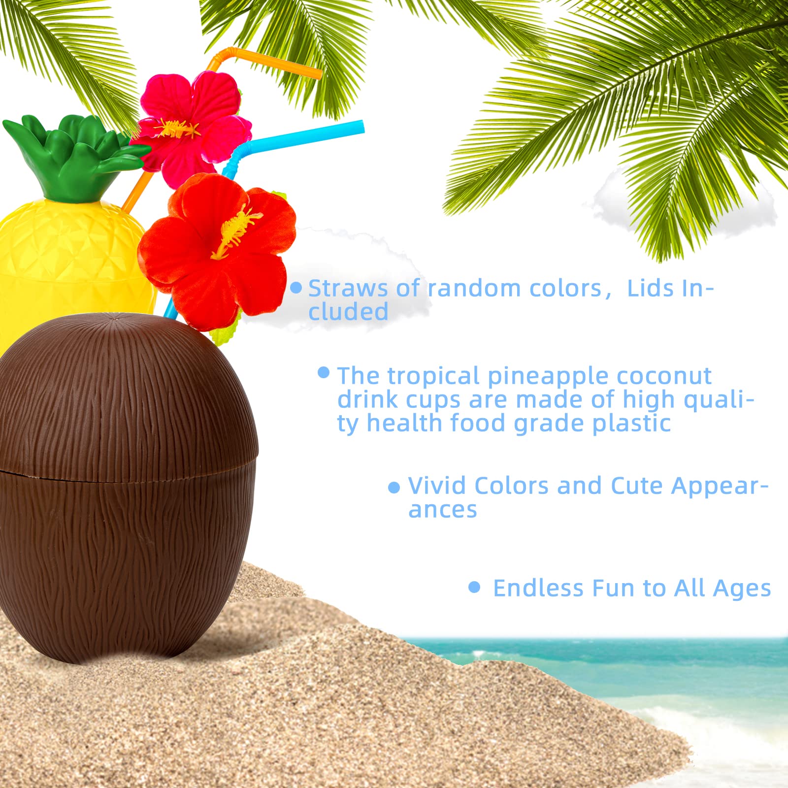 12PCS Pineapple Coconut Cups with Lids & Straws - Tropical Hawaiian Themed Reusable Drinkware for Beach Parties, Luau Celebrations, Birthday Events & Summer Gatherings - BPA-Free Plastic Cocktail Cups for Poolside Drinks and Outdoor Entertaining