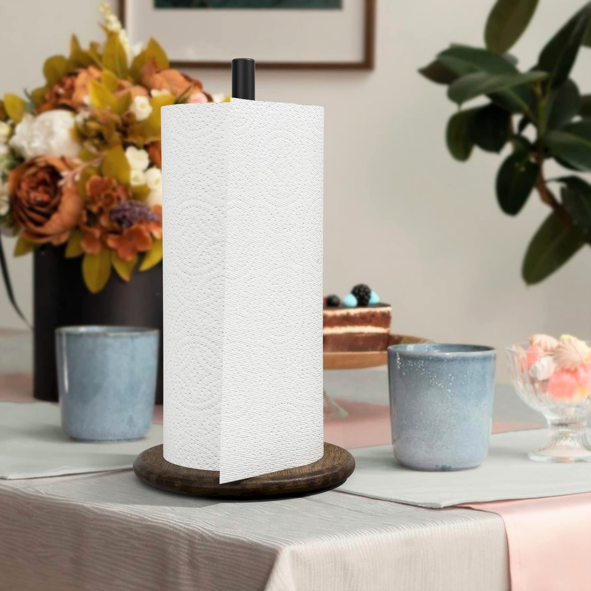 Premium Black Paper Towel Holder Stand with Elegant Wooden Base - Free-Standing Kitchen Countertop Dispenser for Standard & Jumbo Rolls - Perfect for Kitchens, Restaurants, and Office Break Rooms