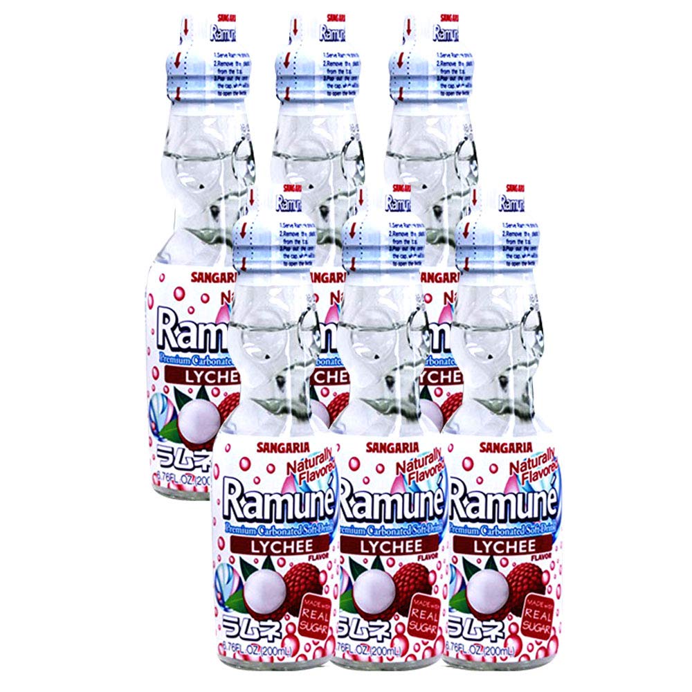 Sangaria Ramune Japanese Lychee Soda - 6.76 Fl Oz (6-Pack) | Refreshing Carbonated Drink for Parties, BBQs & Asian Cuisine Pairing