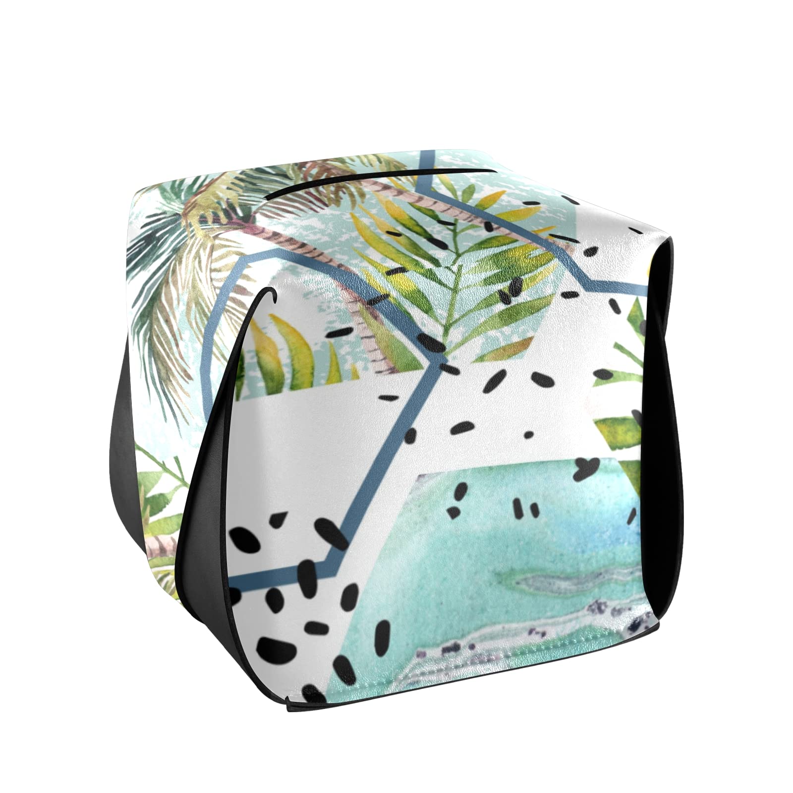 Elegant Hexagon Marble-Pattern Leather Tissue Box Cover with Handle - Tropical Leaves & Palm Tree Design - 9.4x5.1x3.6 inches - Perfect for Bathroom, Nightstand, Vanity, Office Desk & Car