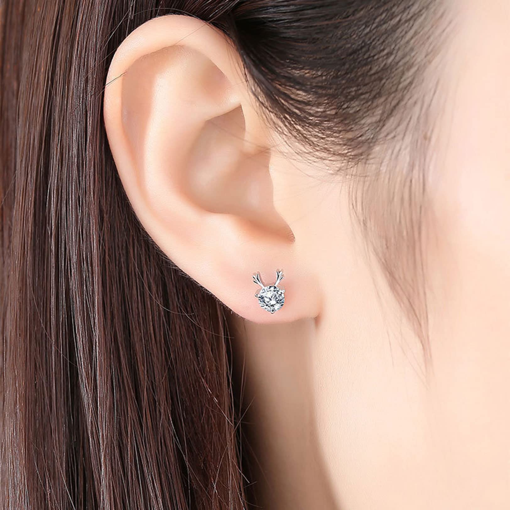 925 Sterling Silver Reindeer Earrings for Women - Hypoallergenic CZ Deer Antler Studs, Christmas & Birthday Gifts for Girls and Ladies - Perfect for Holiday Parties, Office Celebrations and Festive Outfits