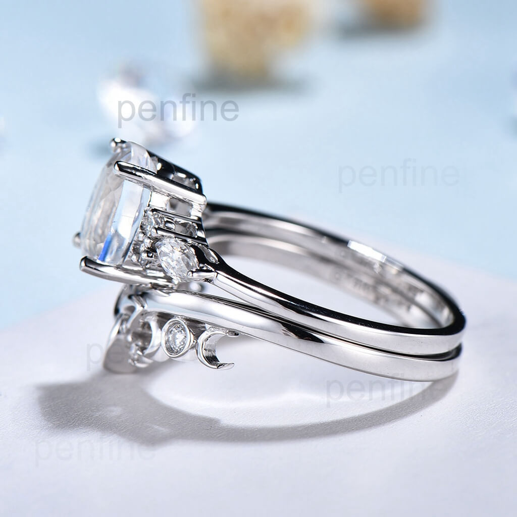 Viking Wedding Ring Set with Rainbow Moonstone - Norse Inspired Blue Oval Gemstone Engagement & Wedding Band for Women - Perfect for Handfasting Ceremonies, Pagan Weddings & Norse Themed Events