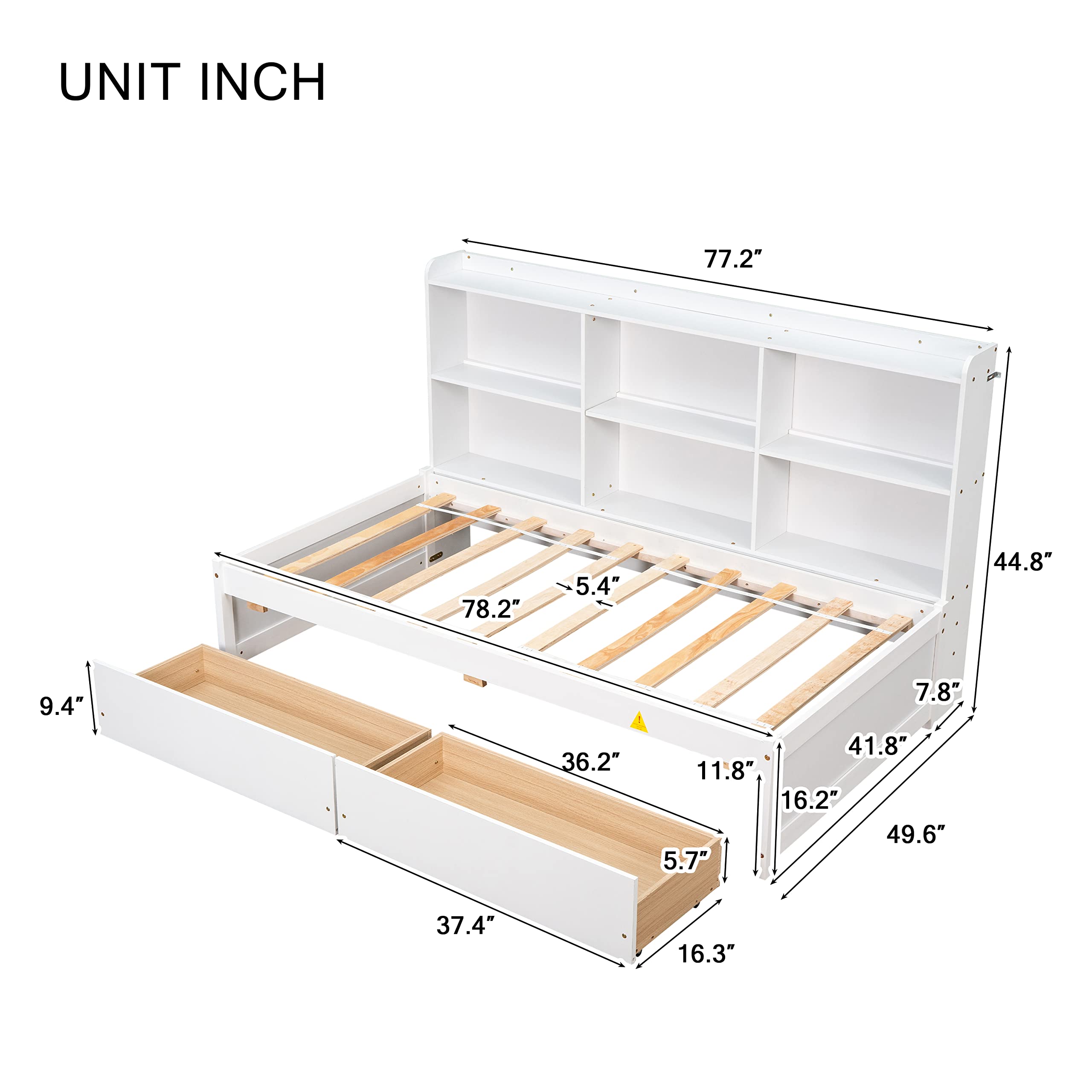 Stylish Solid Wood Platform Bed with Built-in Bookcase & 2 Storage Drawers - Twin Size, White/Pine Finish - Perfect for Small Bedrooms, Studio Apartments & Space-Saving Solutions