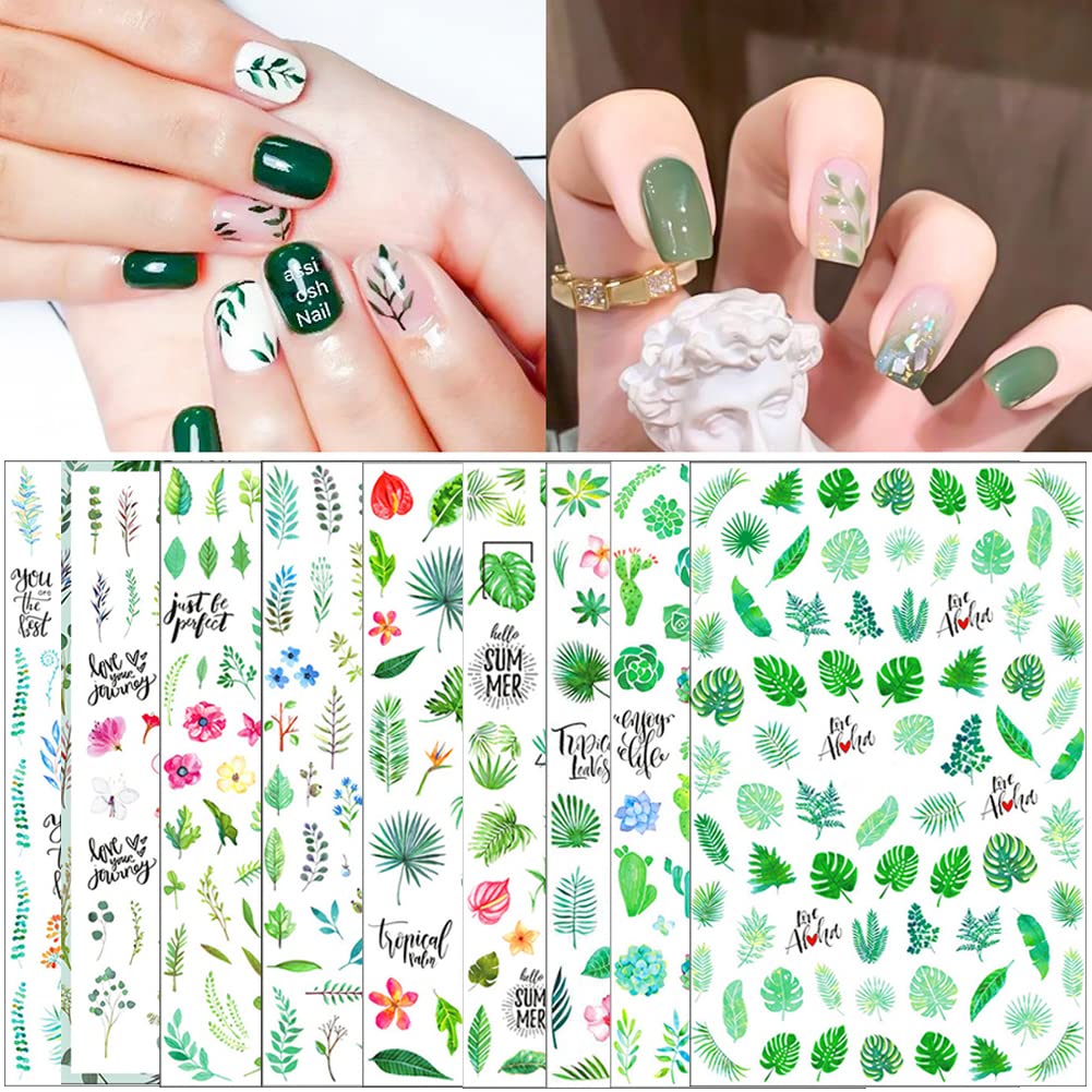 3D Self-Adhesive Nail Stickers - Tropical Green Plants, Palm Leaves & Cactus Designs for Manicure | DIY Nail Art Supplies & Accessories (9 Sheets) | Perfect for Summer Nail Decoration, Beach Vacations & Tropical Themed Parties