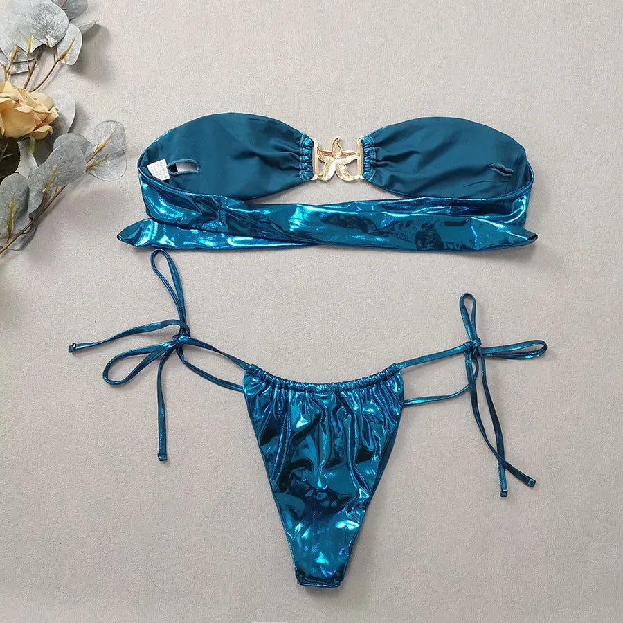 Gem Blue Glossy Bikini Set - Women's Sexy Bandeau Backless Thong Swimwear for Summer Beach Vacation | Perfect for Pool Parties, Tropical Getaways & Instagram Photos