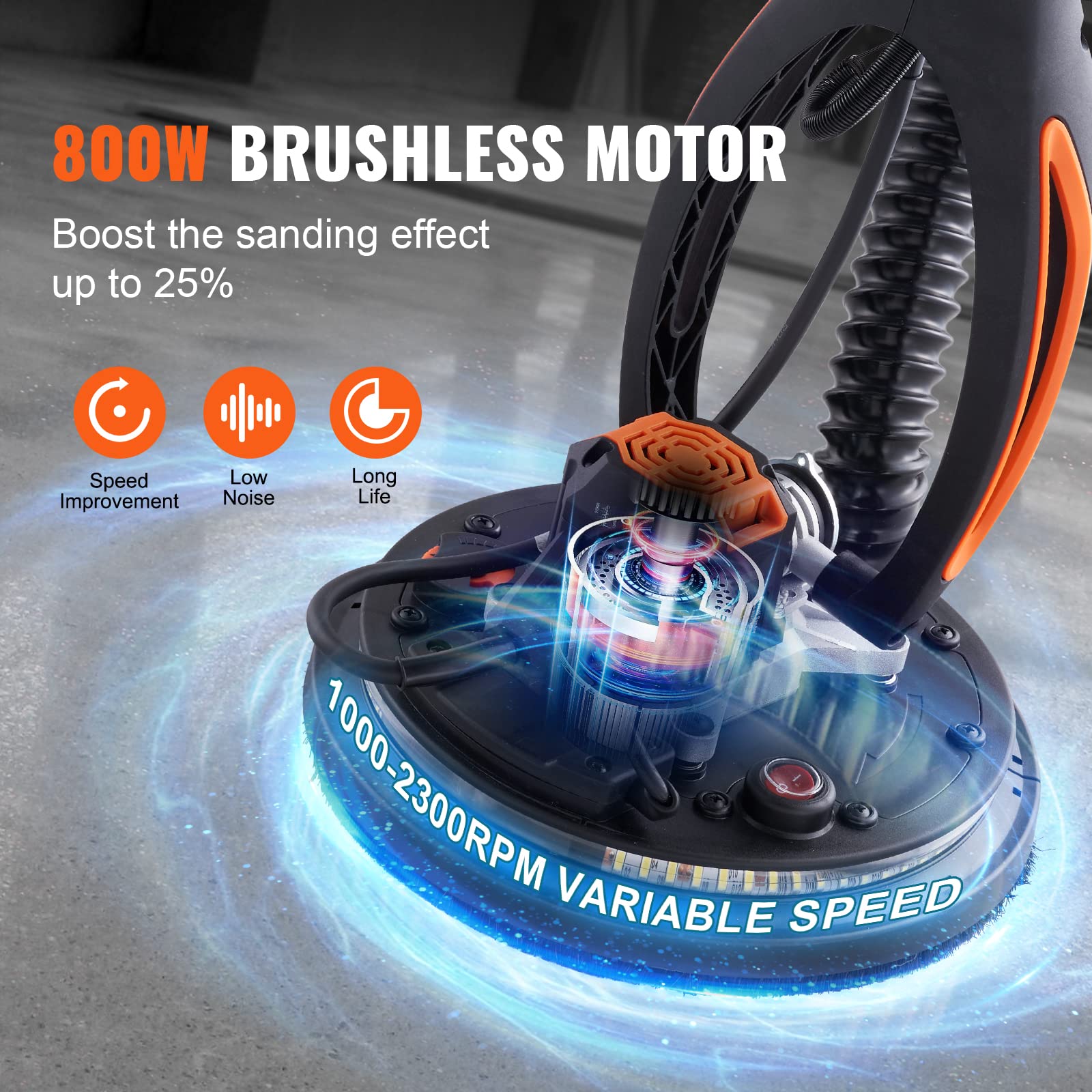 VEVOR 800W Brushless Electric Drywall Sander with Variable Speed 1000-2300 RPM - Foldable Ceiling Sander with LED Lights, Extendable Handle & 12 Sanding Discs - Perfect for Wall Repair, Home Renovation and Professional Construction Projects
