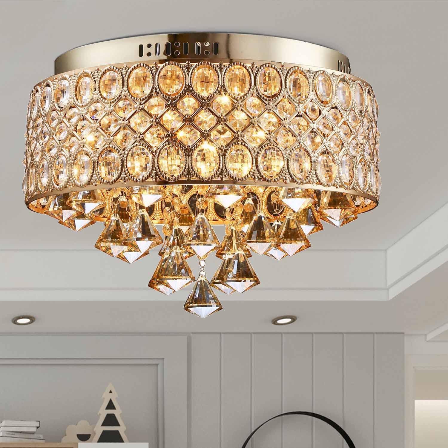 Farmhouse Flush Mount Ceiling Light - Modern Gold Metal & Crystal Chandelier with 4 E12 Bulb Sockets - Perfect for Bedroom, Hallway, Entryway & Kitchen Lighting