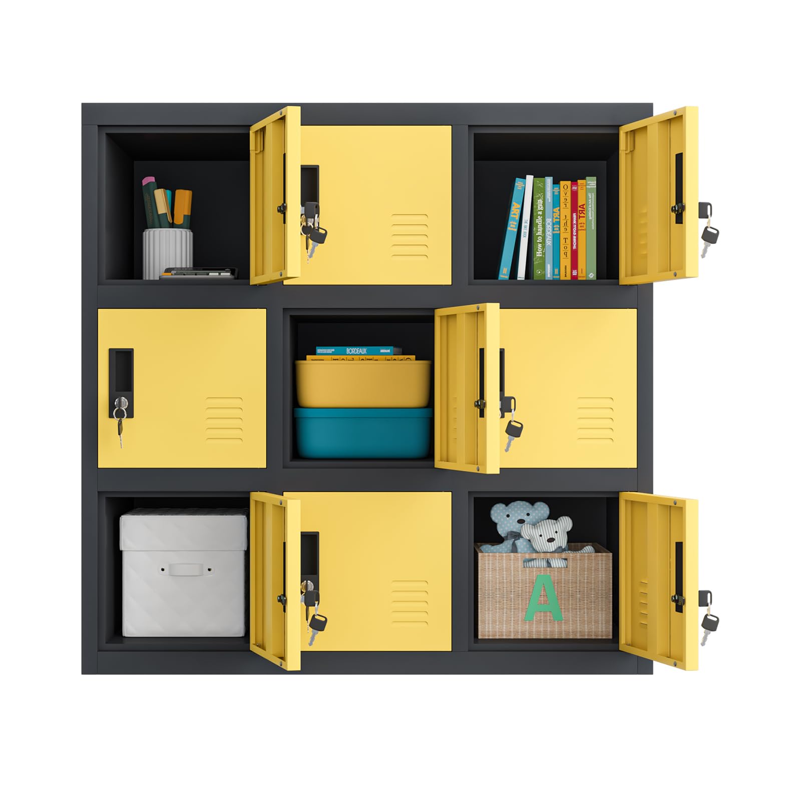 MECOLOR Metal Kids Locker for Girls & Boys - Playroom Storage Cabinet for Clothes, Toys, Books & Backpacks - Yellow 9D Organizer for Bedroom, Classroom & Daycare