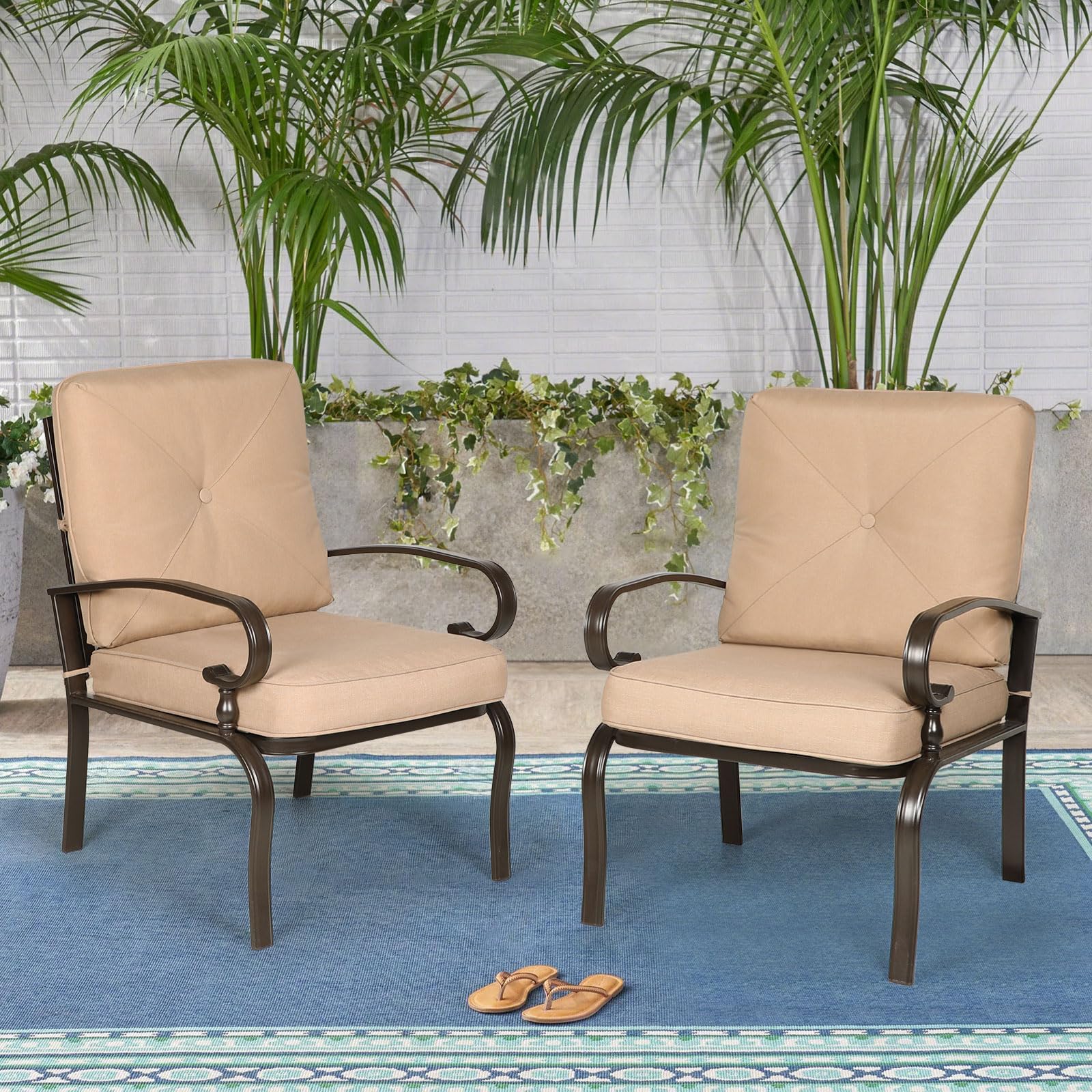 Incbruce 2-Pack Metal Outdoor Dining Chairs - Wrought Iron Patio Chairs with Steel Frame, All-Weather Garden Seating with Arms & Cushions (Brown) - Perfect for Restaurant, Backyard, Poolside & Outdoor Dining Areas