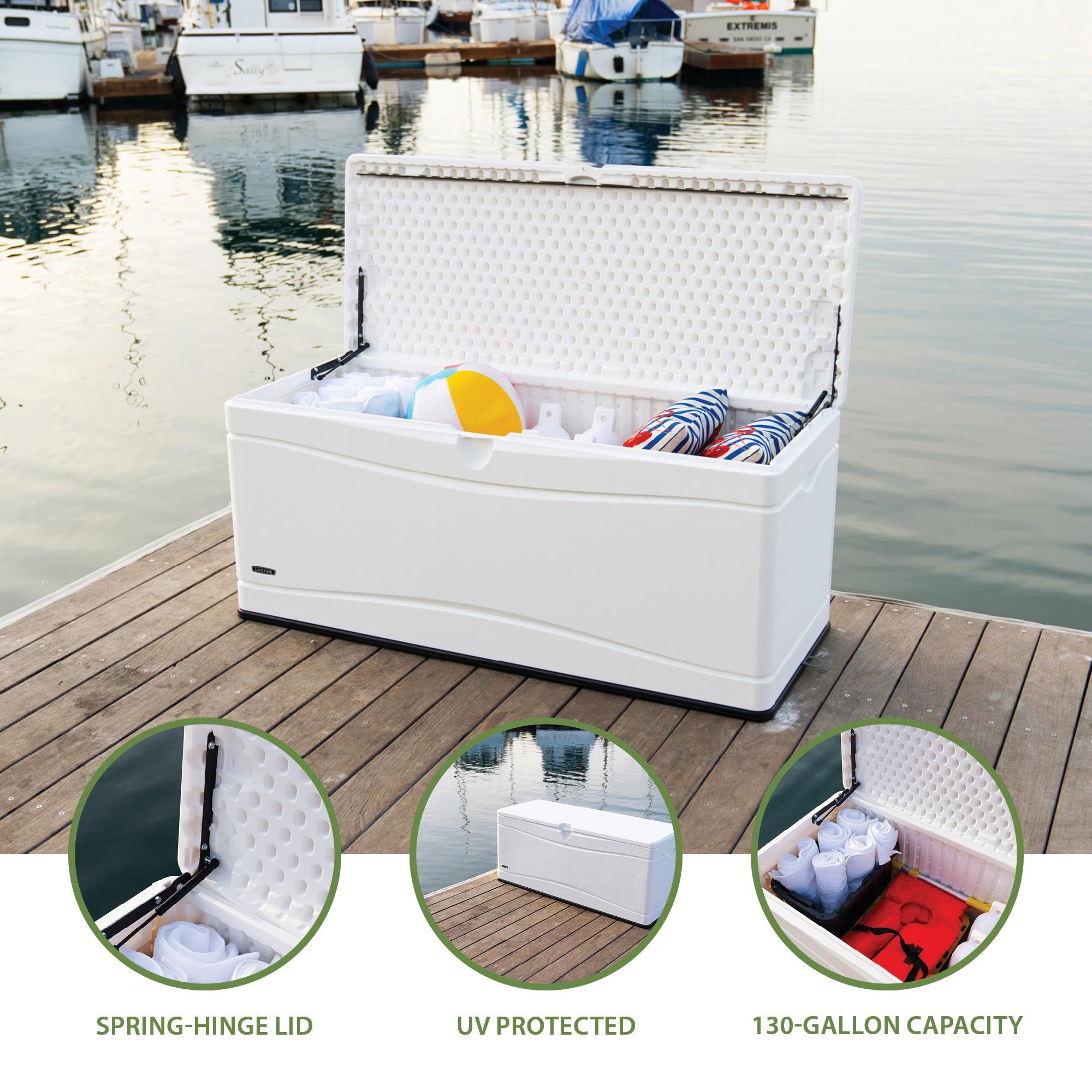 Lifetime 60348 130 Gallon Marine Dock Deck Box in Arctic White – Perfect for Outdoor Storage, Boat Docks, and Patio Organization