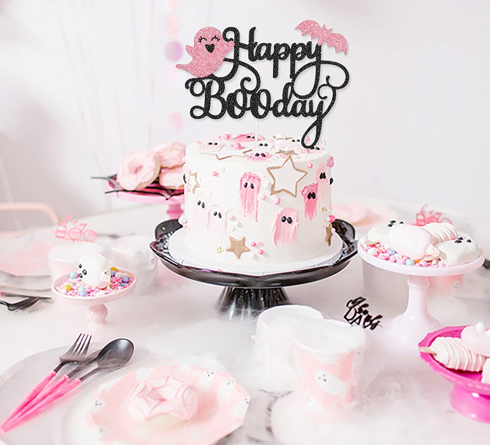 Happy Boo Day Cake Topper - Pink & Black Halloween Birthday Decor for Girls | Perfect for Halloween Birthday Parties, Cake Decorations & Spooky Celebrations