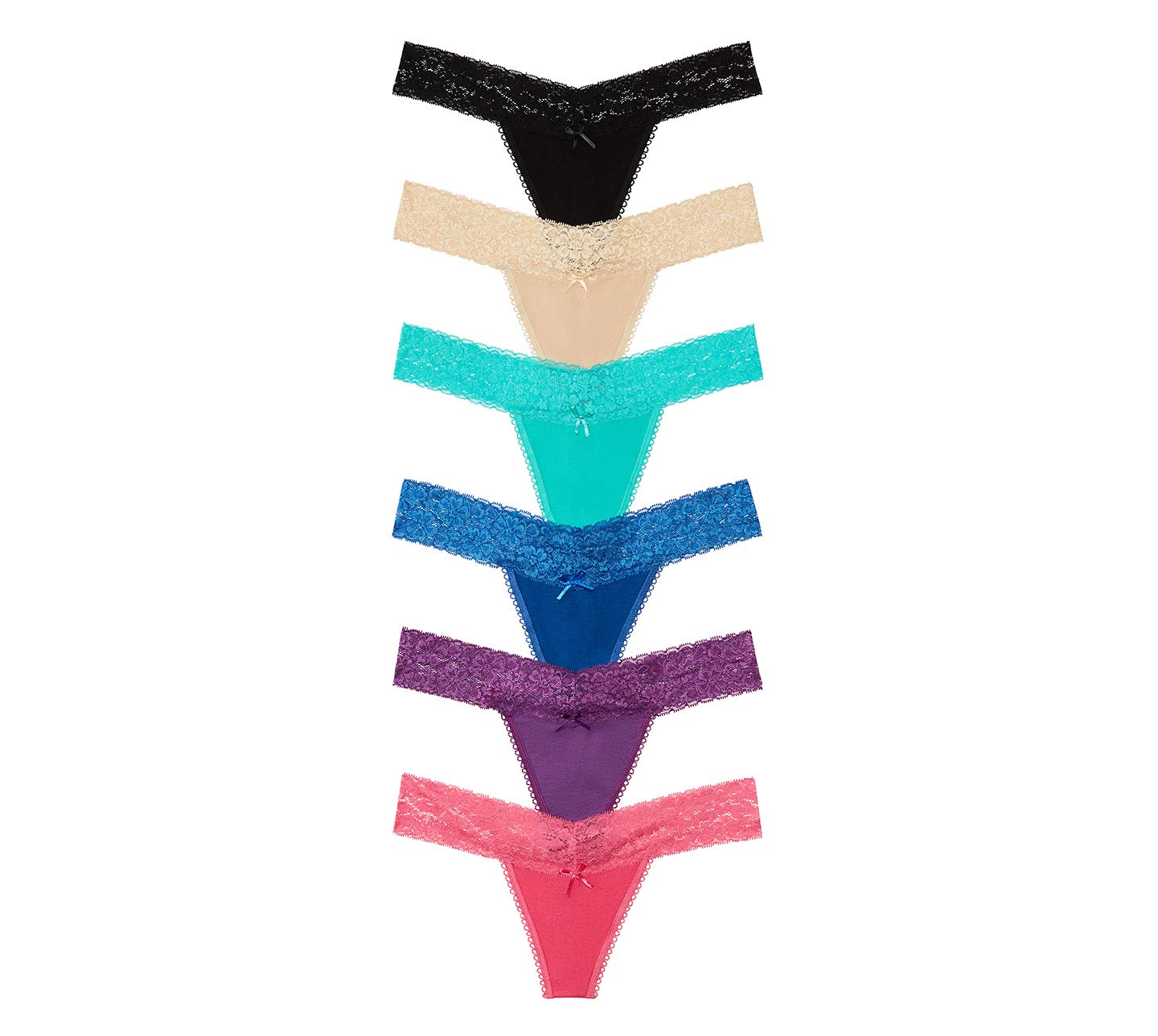 Nabtos Women's Cotton Thong Underwear with Lace Trim - 6 Pack (Black & Multi Colors) | Comfortable G-String Panties for Everyday Wear & Special Occasions