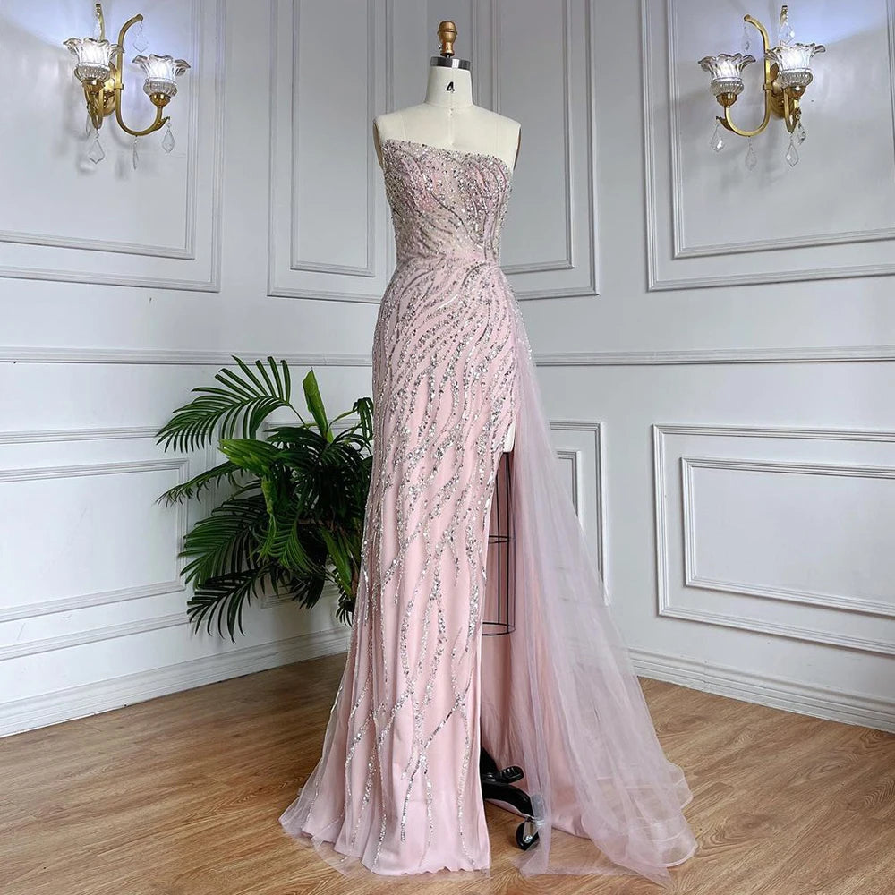 Elegant Blue Mermaid Evening Gown with High Split & Beaded Skirt - Women's Formal Party Dress for Prom, Wedding, Gala & Special Occasions