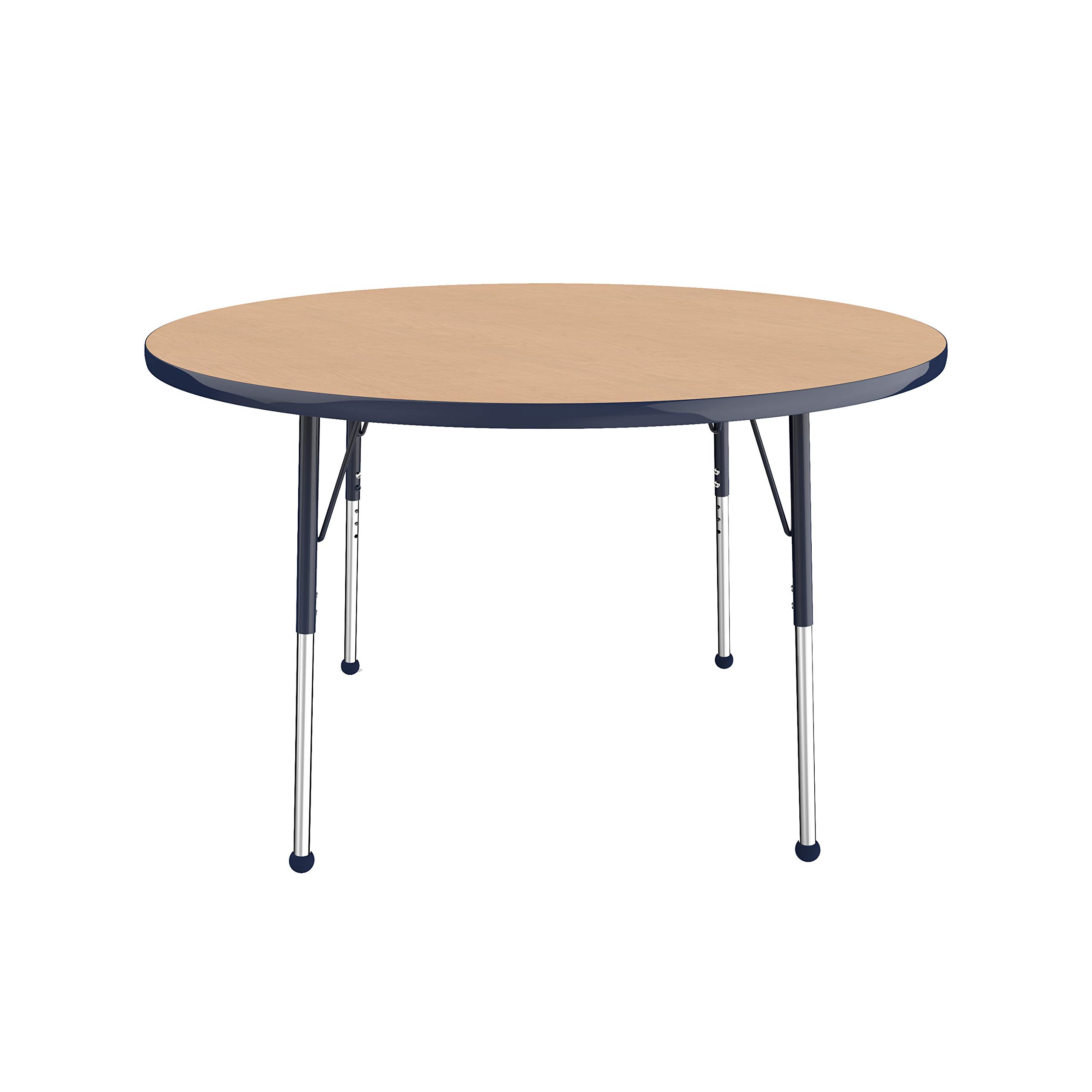Adjustable Height Round Activity Table - 48 Inch Maple Top with Navy Edge, Standard Legs & Ball Glides for School, Office, or Home Use - Perfect for Classrooms, Meetings, and Multi-Purpose Workspaces