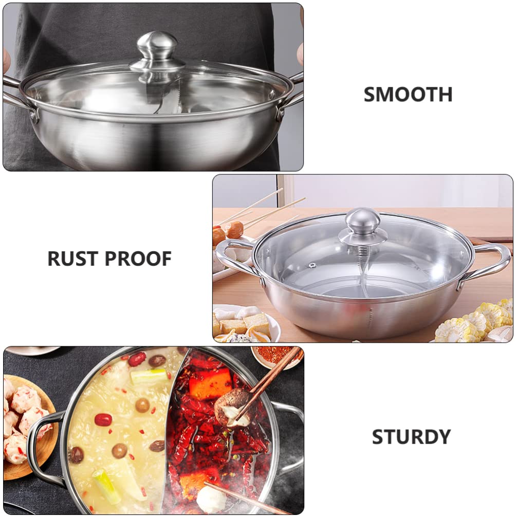 Stainless Steel Dual Flavor Hot Pot with Glass Lid - 2-in-1 Mandarin Duck Hot Pot for Soup, Shabu Shabu & Fondue - Kitchen Cookware with Handles for Home Dining & Party Serving