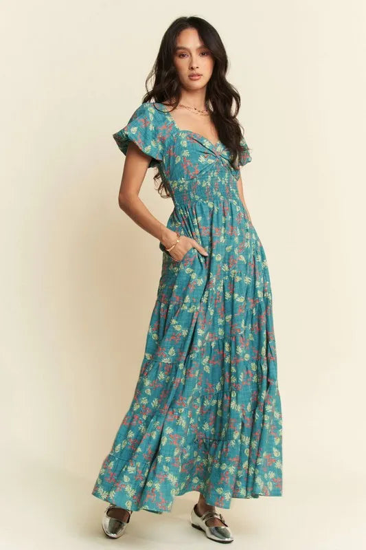 Teal Sweetheart Neck Cap Sleeve Maxi Dress for Women - Elegant Beach Wedding Resort Wear, Perfect for Vacations, Parties & Summer Outings