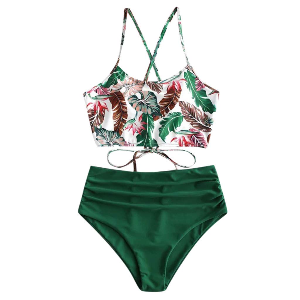 MALLOOM Women's Leaf Print Lace Up Ruched High Waisted Tankini Swimsuit Set - Sexy Two Piece Bathing Suit for Beach, Pool & Summer Vacation