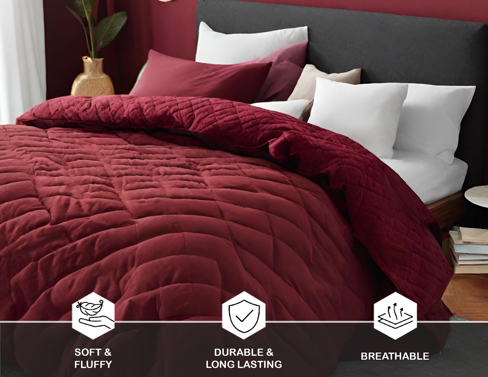 Embossed Lightweight Bed Comforter Set | 3Pcs All Season Down Alternative Reversible Comforter with Pillowcases | Soft Hypoallergenic Bedding for Master Bedroom, Guest Room & Dorm - Burgundy Red