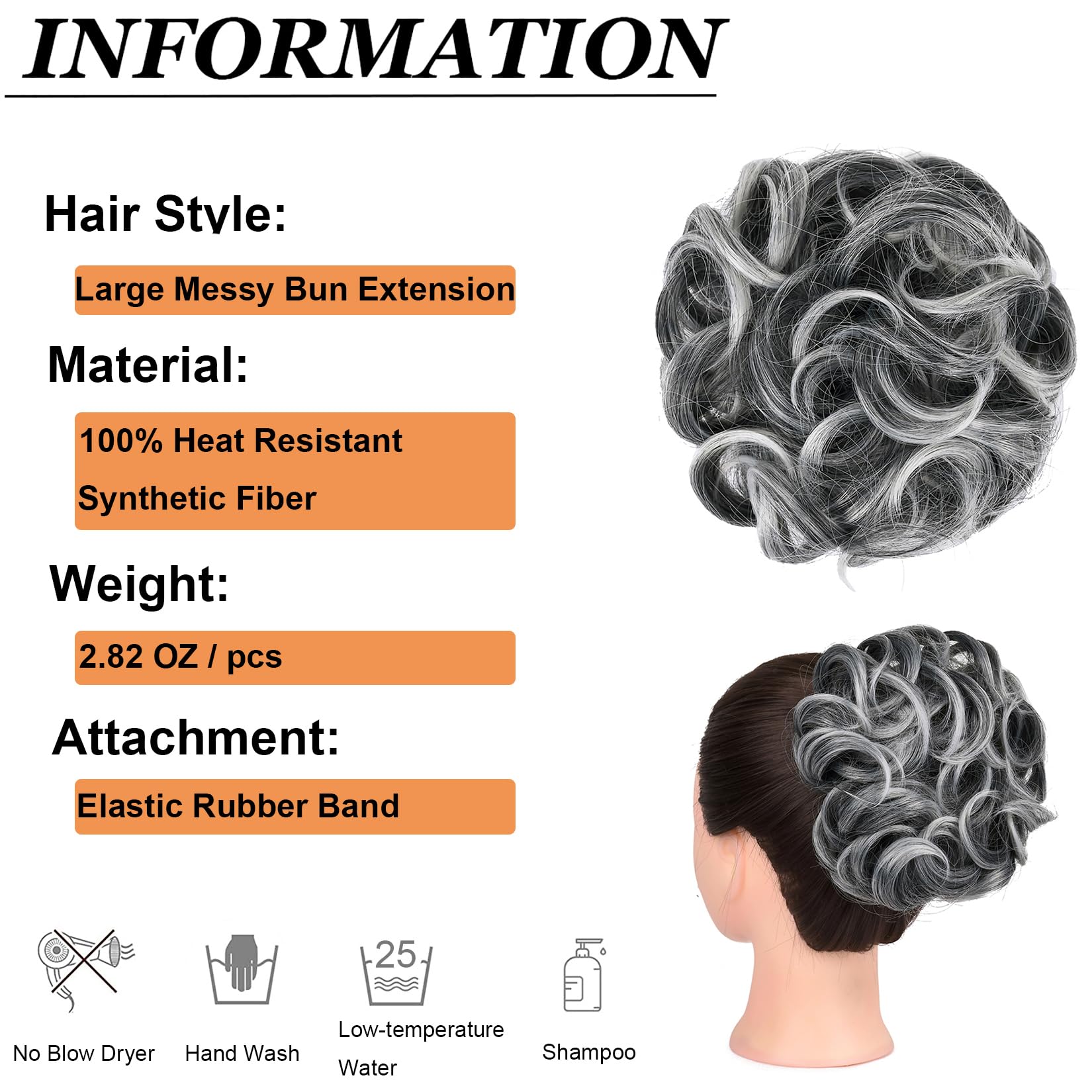 Messy Curly Big Hair Scrunchies | 2.82oz Synthetic Donut Bun Hair Extensions for Women & Girls | Perfect for Updos, Ponytails & Everyday Styling (#1TGray)