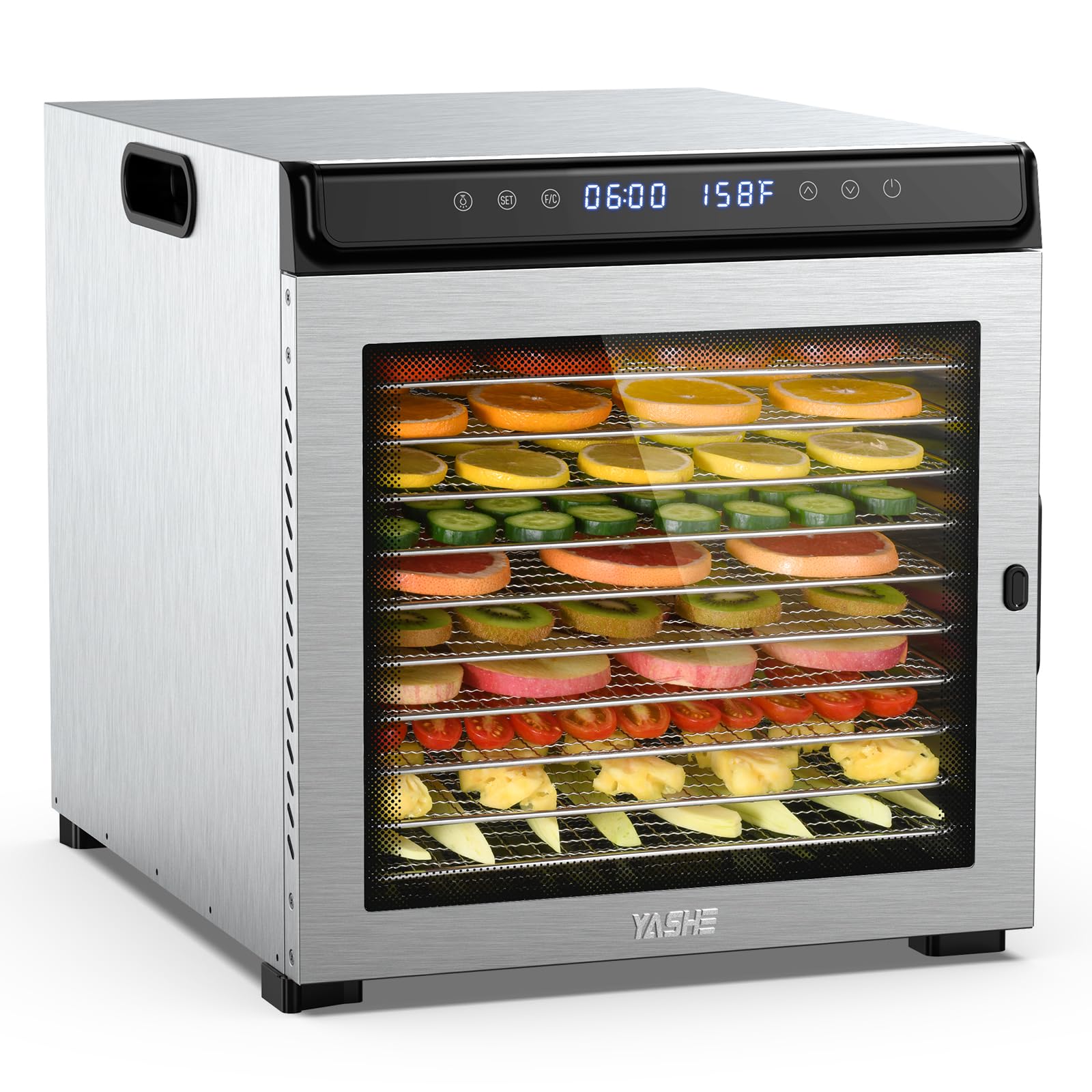 YASHE 10-Tray Stainless Steel Food Dehydrator Machine - 1100W Electric Food Dryer with 72H Timer & Adjustable Temperature (95°F-167°F) - Perfect for Jerky, Herbs, Fruits, Dog Treats - Includes Free Recipe Book - Ideal for Home Kitchen, Camping & Healthy Snack Preparation