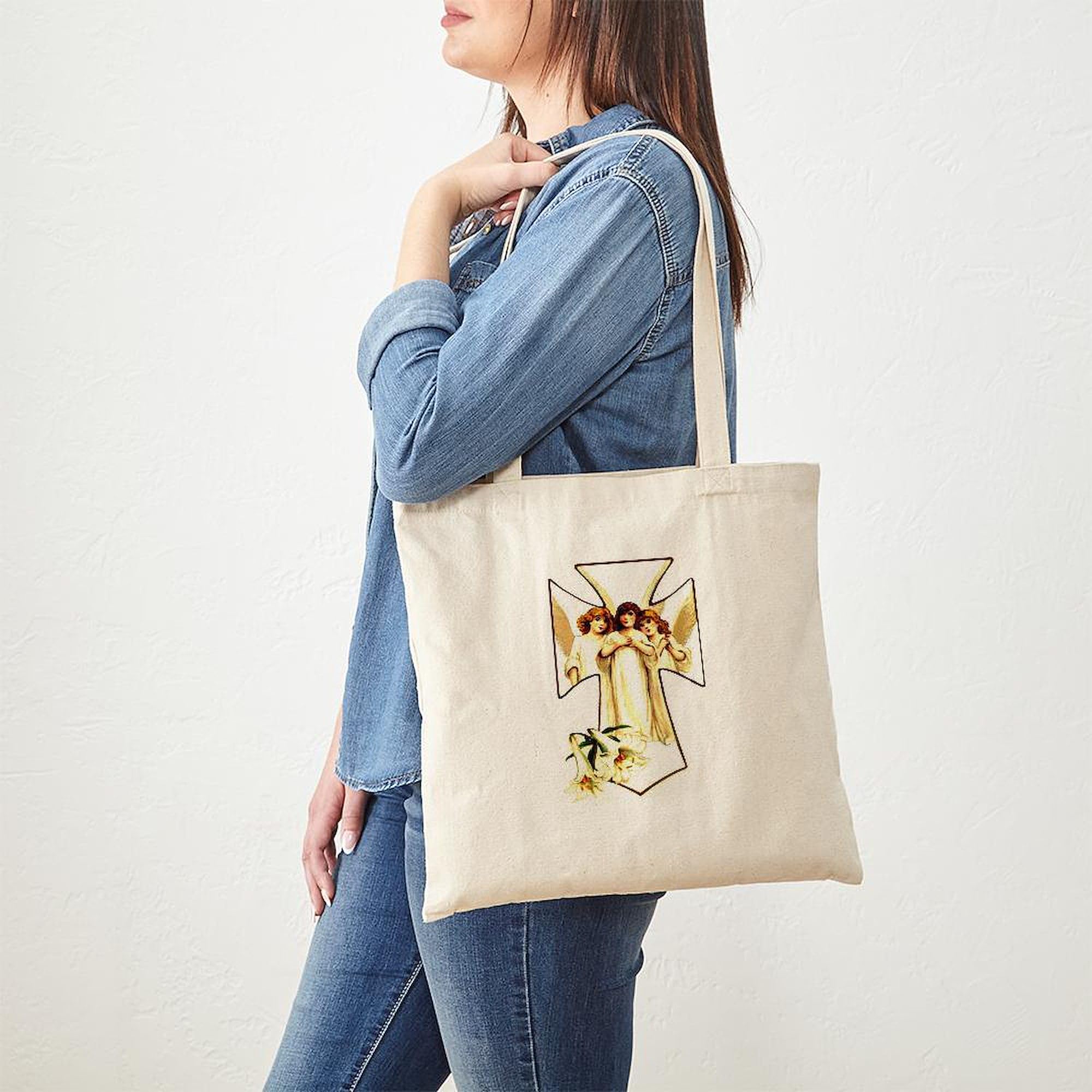 Angel Trio Tote Bag - Natural Canvas Reusable Shopping Bag for Women, Eco-Friendly Grocery Tote - Perfect for Shopping, Beach, Work & Daily Use