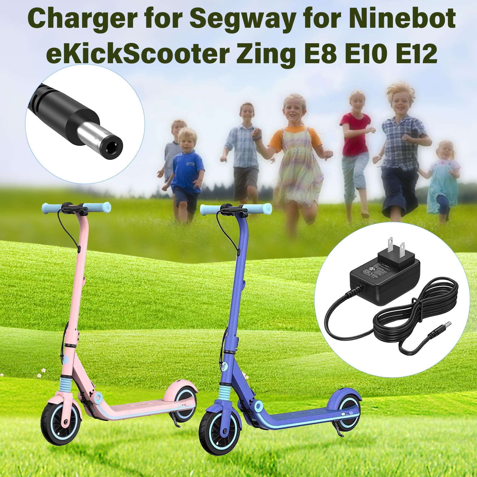 UL Certified Power Cord & Charger Adapter for Segway eKickScooter Zing E12/E10/E8 & Ninebot Kids Electric Scooter - Perfect Replacement for Home & Outdoor Charging