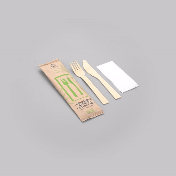 Eco-Friendly Bamboo Disposable Cutlery Set - 500 Pieces with White Napkins & Kraft Paper Pouch | Biodegradable Forks & Knives | Perfect for Parties, Picnics, Catering & Outdoor Events