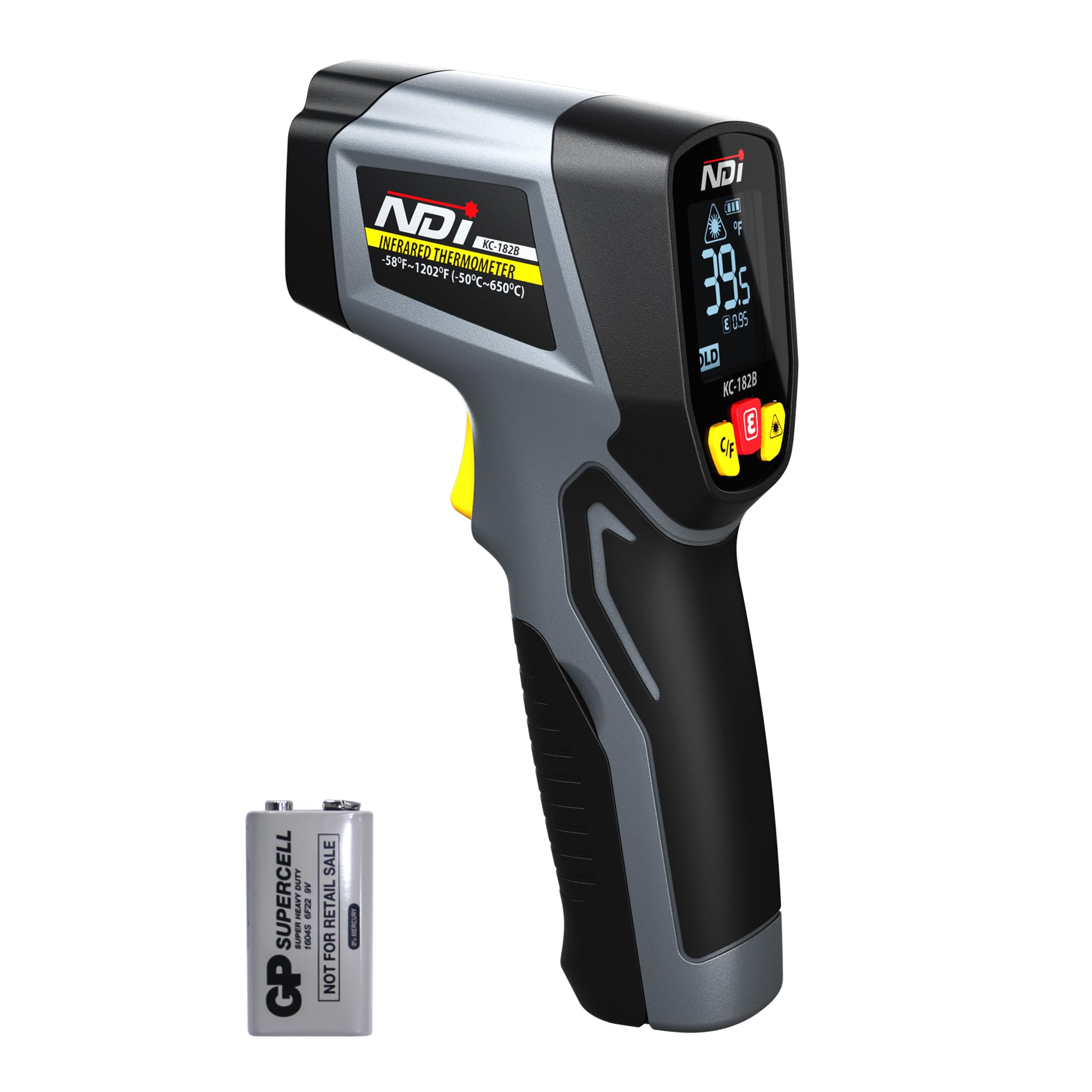 NDI Infrared Thermometer Gun -58°F to 1202°F, Digital Laser Temperature Reader with Adjustable Emissivity for Cooking, HVAC, Pizza Oven, Candy Making & Grilling - Perfect for Home Kitchen, Industrial Use & Food Safety Checks
