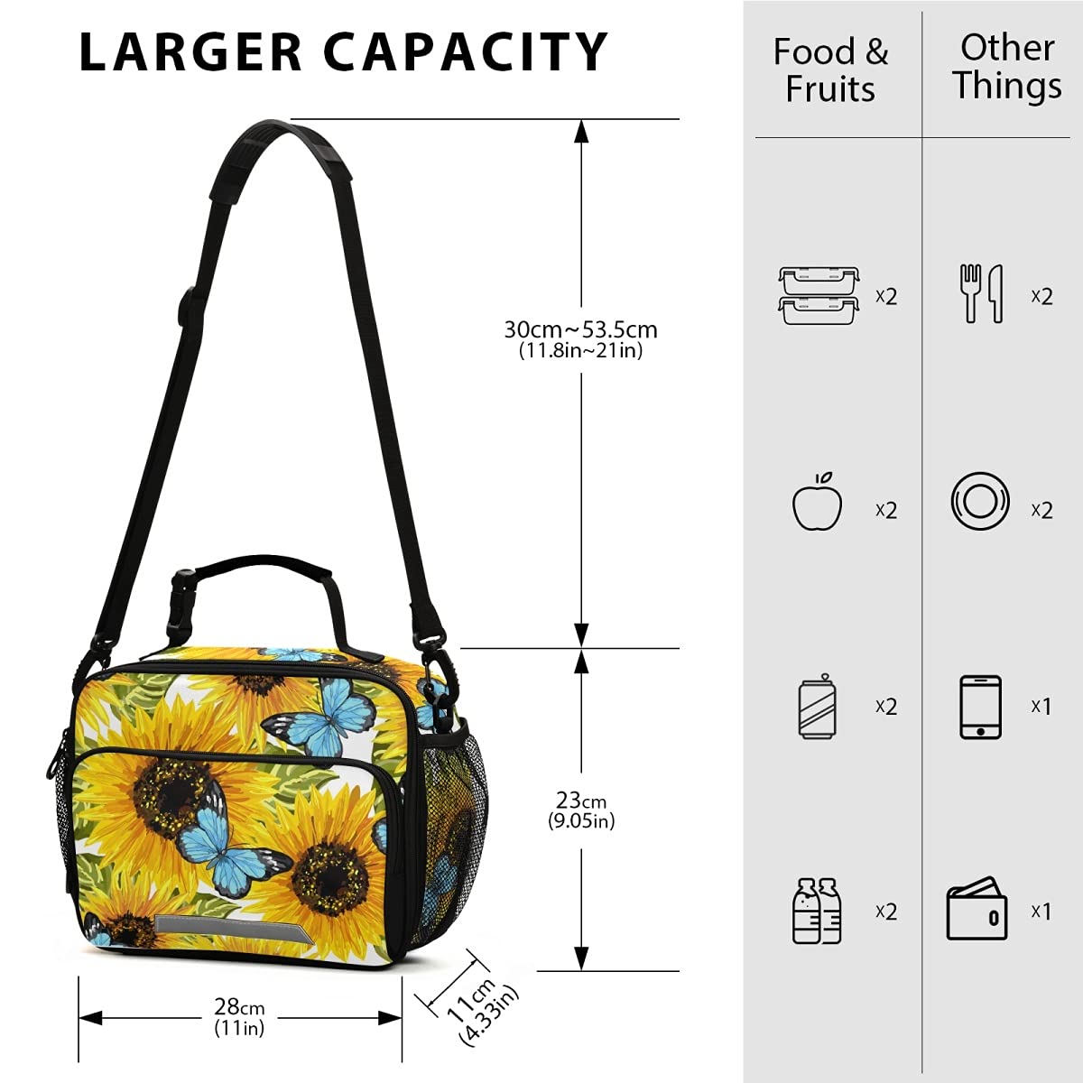 Eco-Friendly Reusable Leakproof Lunch Box Bag with Adjustable Strap - Sunflower & Blue Butterfly Design, Insulated Tote Container for School, Work, Picnics & Outdoor Activities