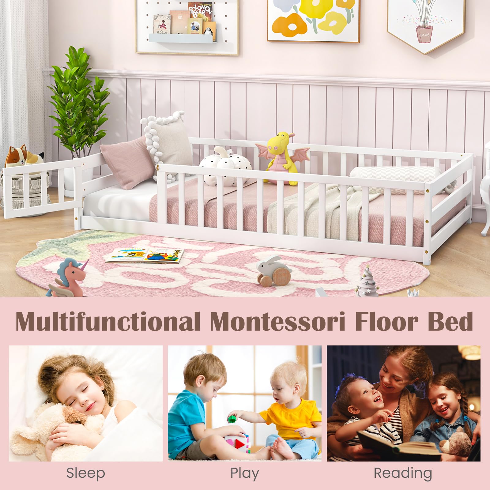 Montessori Twin Floor Bed for Kids - Wooden Low Bed with Safety Guardrails & Door, No Box Spring Needed, White | Ideal for Toddlers, Boys & Girls - Perfect for Montessori Rooms, Playrooms & Safe Sleep Spaces