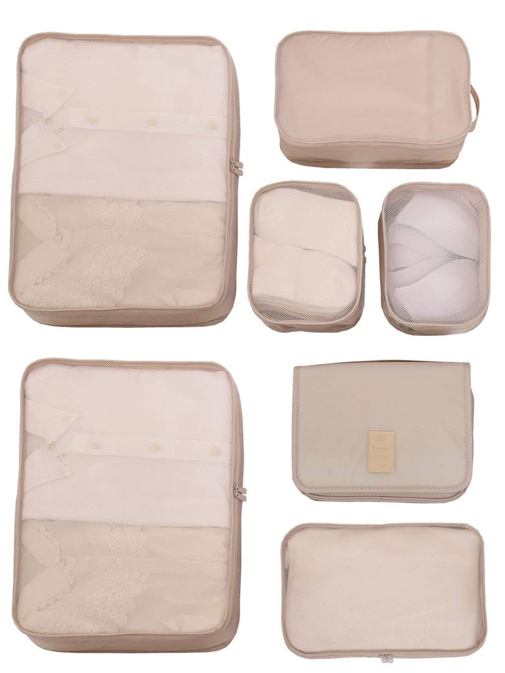 JJ POWER 7-Piece Travel Packing Cubes Set - Luggage Organizers with Toiletry Bag & Shoe Bag (Beige) | Perfect for Business Trips, Vacations & Weekend Getaways