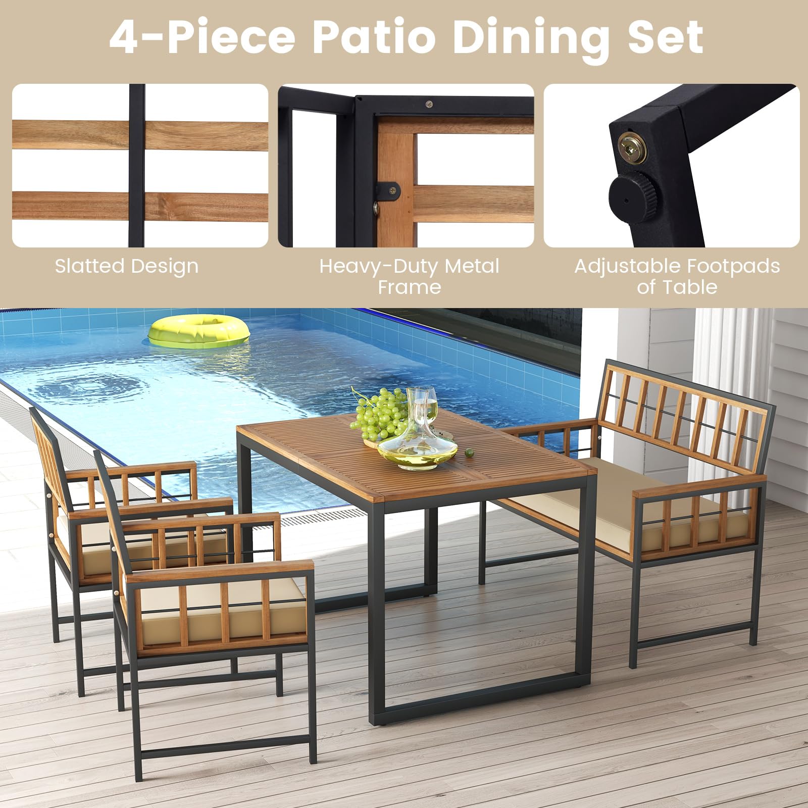 Tangkula 4-Piece Acacia Wood Patio Dining Set with 2 Chairs & 1 Loveseat - 47