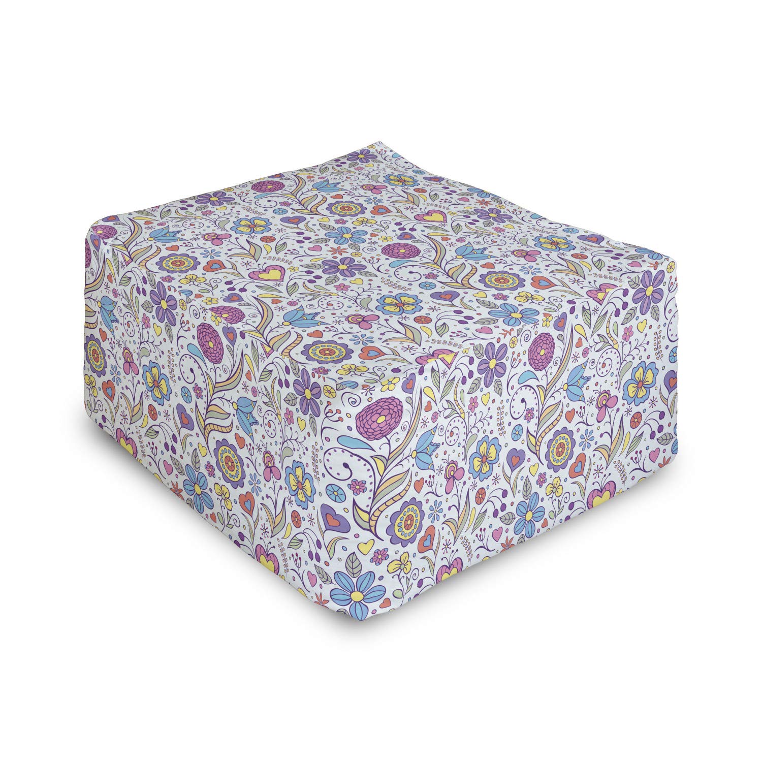 Ambesonne Pastel Rectangle Pouf Ottoman - Peonies, Daisies & Tulips Floral Design Foot Stool with Removable Cover, 25 Inch Multicolor | Under Desk Footrest for Office, Living Room & Bedroom Comfort