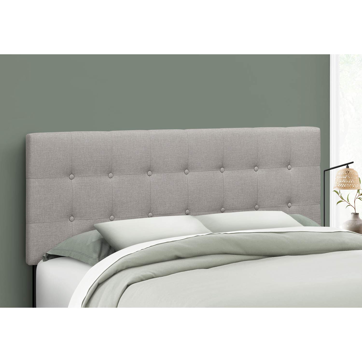 Monarch Specialties I 6003Q Upholstered Queen Size Headboard - Grey Linen Look Transitional Style Bedroom Furniture for Master Bedroom & Guest Room Decor