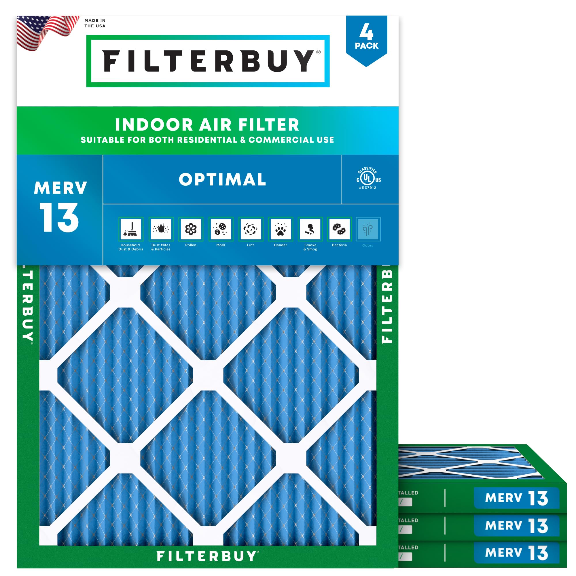 Filterbuy 20x21x1 MERV 13 Air Filter 4-Pack - High Efficiency Pleated HVAC Furnace & AC Replacement Filters (19.5x20.5x0.75 Inches) for Home, Office & Allergy Relief - Traps Dust, Pollen & Pet Dander