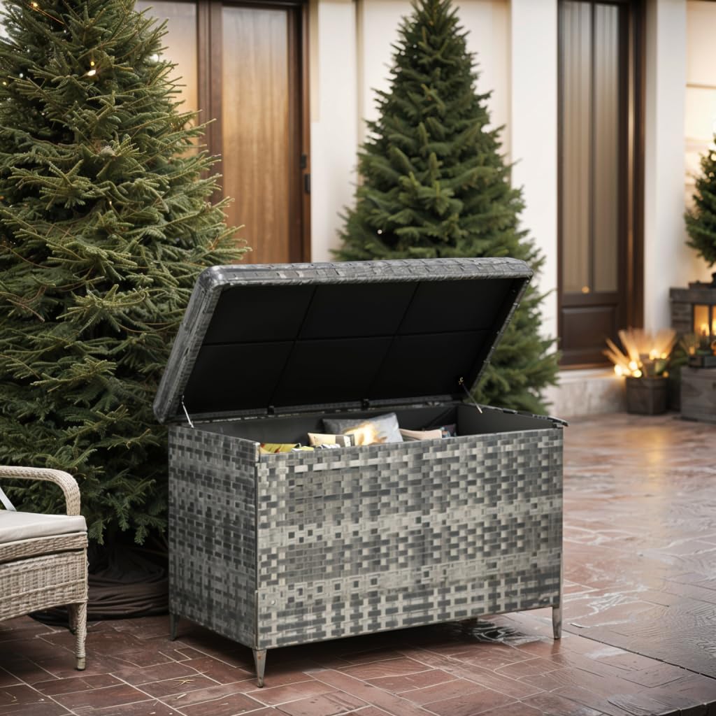 DWVO 230 Gallon Large Outdoor Storage Box - Weatherproof Wicker Deck Box with Lockable Lid, XXL Patio Furniture Storage Container for Cushions, Pool Toys & Garden Tools - Perfect for Backyard, Deck & Poolside Organization (Grey)