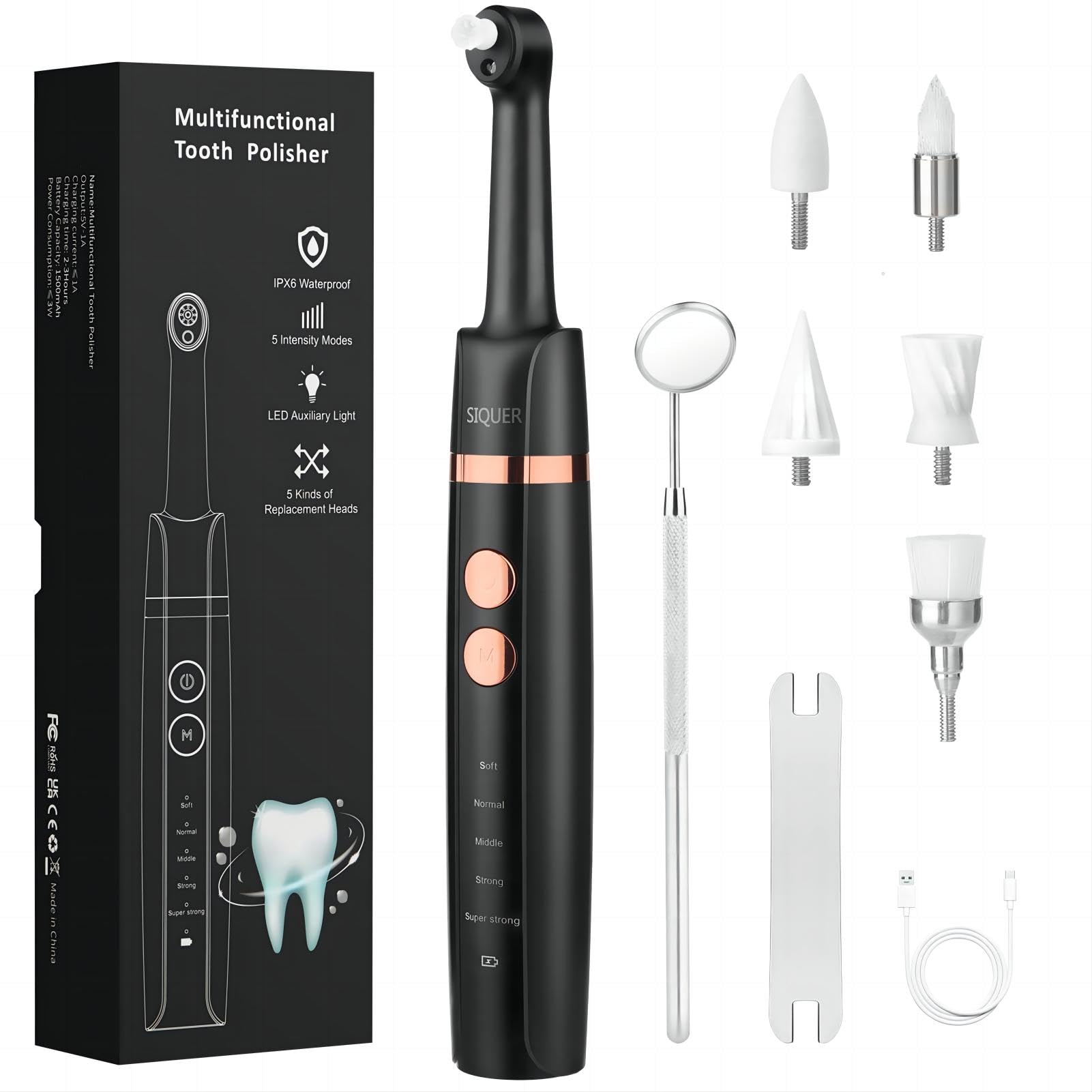 SIQUER Electric Tooth Polisher - 5-Speed LED Teeth Whitening Kit for Home Dental Care