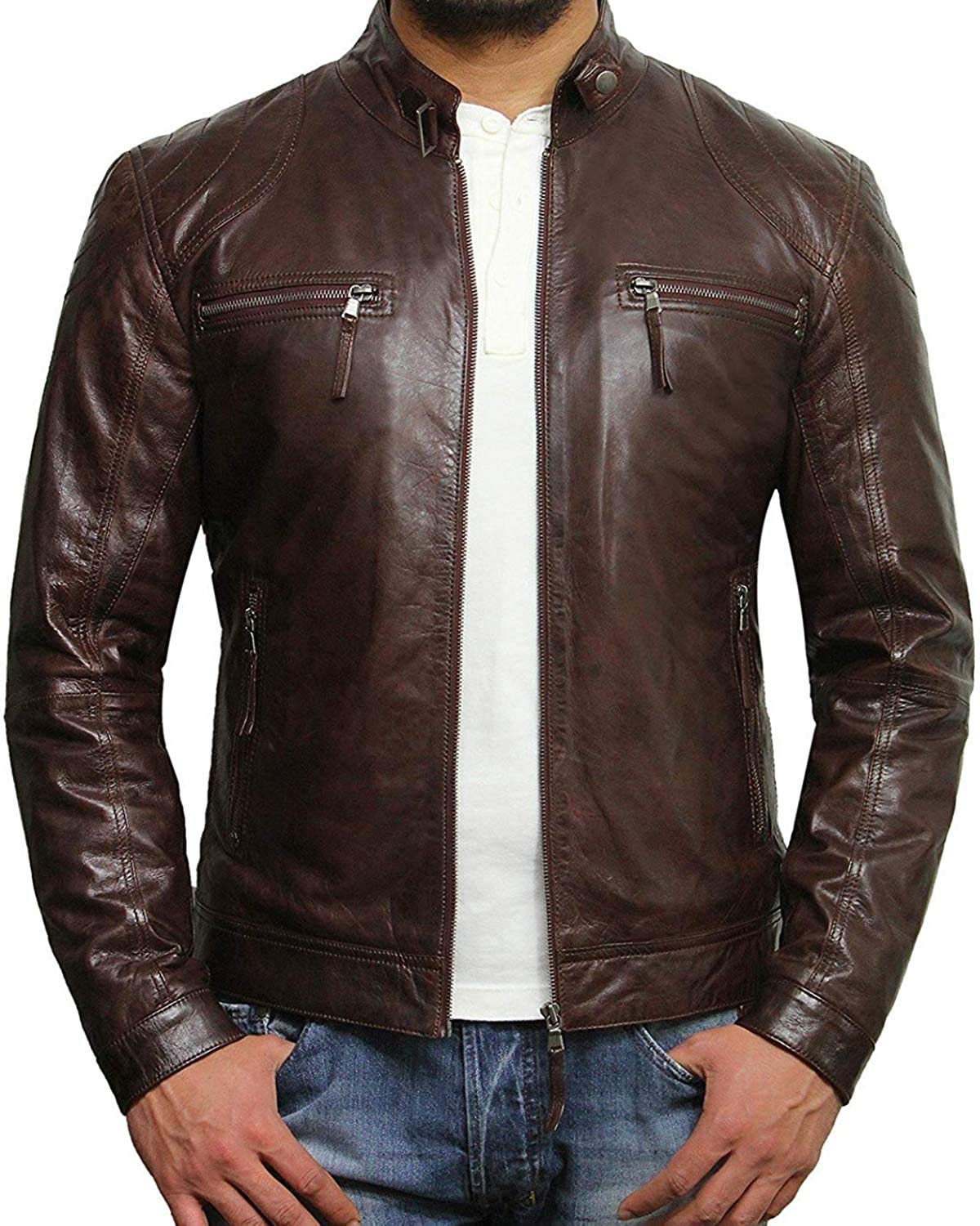 BRANDSLOCK Men's Black Real Lambskin Leather Jacket - Distressed Cafe Racer Motorcycle Biker Jacket for Riding & Casual Wear | Genuine Leather Outerwear for Men