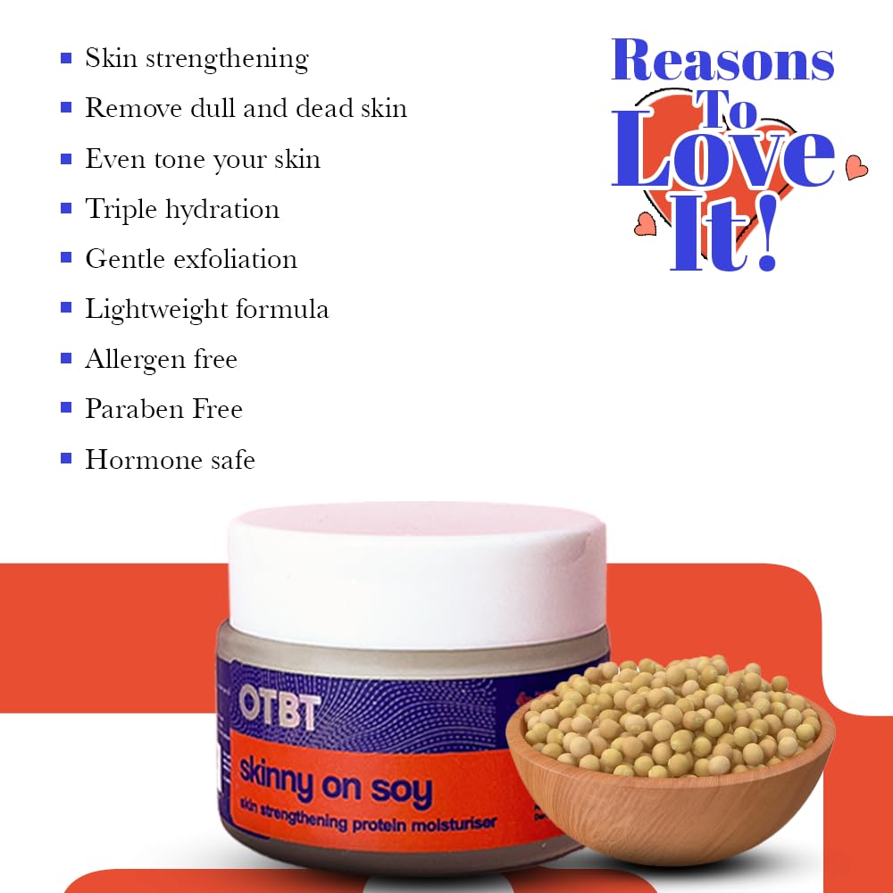 OTBT Skinny On Soy Skin Strengthening Protein Moisturizer - Hormone Safe Face Cream with Glycolic Acid, Shea Butter & Hyaluronic Acid | Enriched with Vitamins A, B, C & K | For Sensitive & Healthy Skin | 50g | Perfect for Daily Hydration & Anti-Aging Skincare Routine