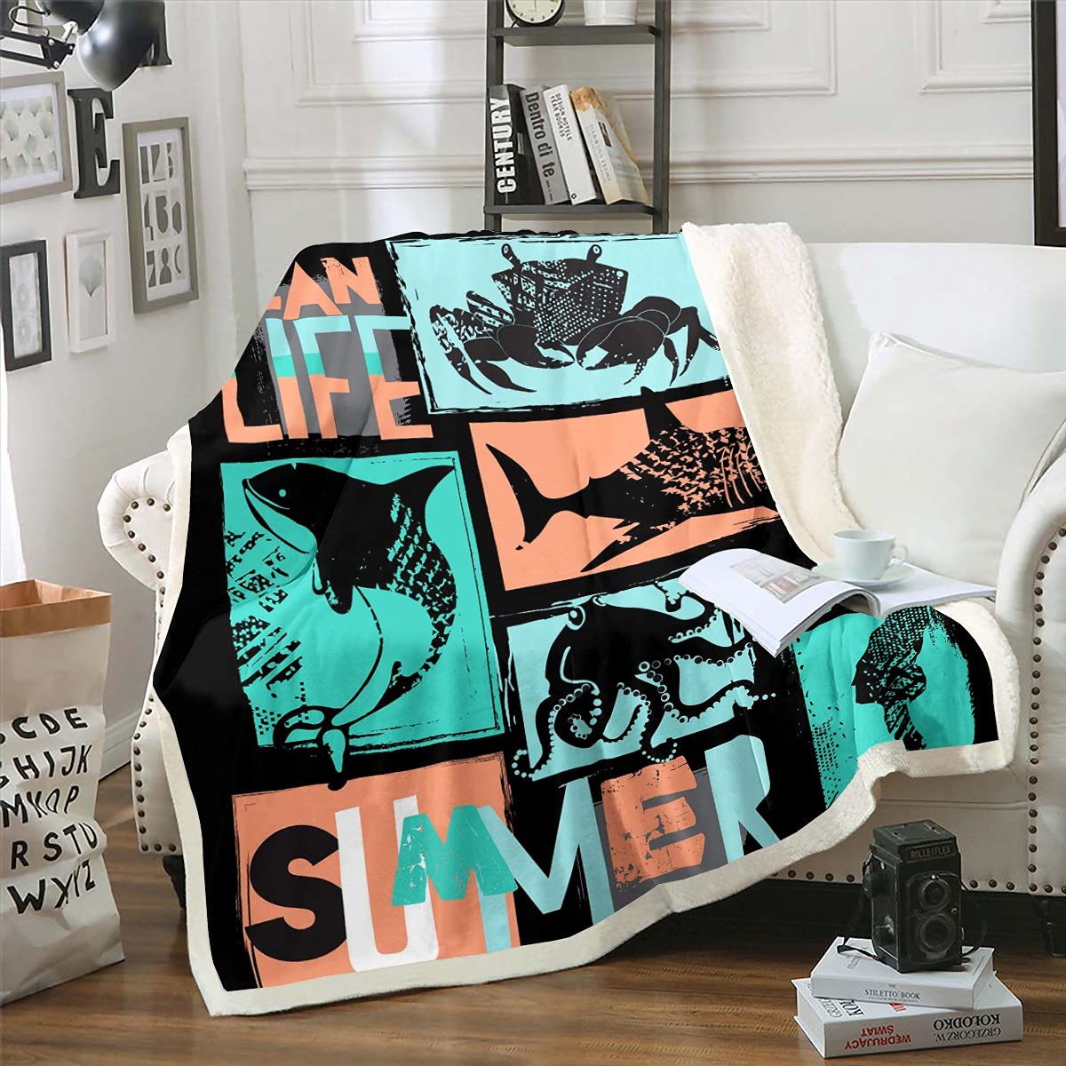 Ocean Sherpa Fleece Throw Blanket - Underwater Animal Cartoon Design, Tropical Hawaiian Summer Plush Blanket for Boys, Girls, Teens & Kids | Marine Life Sealife Fuzzy Blanket (Queen Size 90x90 Inch) - Perfect for Bedroom Decor, Sofa, Couch, Beach Picnics & Outdoor Adventures