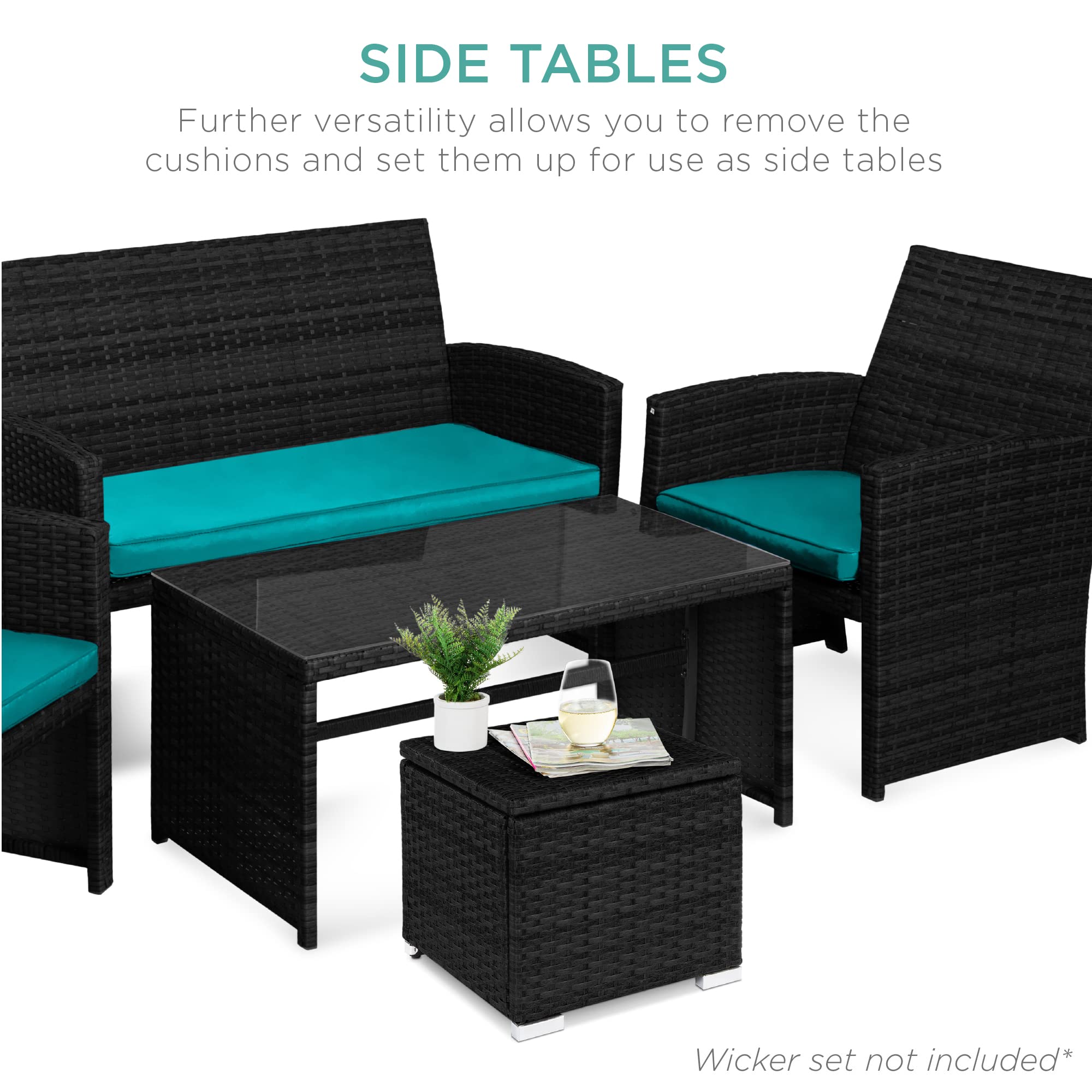 Best Choice Products Set of 2 Wicker Ottomans with Storage - Multipurpose Outdoor Furniture for Patio, Backyard, Garden | Extra Seating, Footrest, Side Table | Removable Cushions, Black/Teal | Perfect for Lounging, Entertaining & Small Space Storage