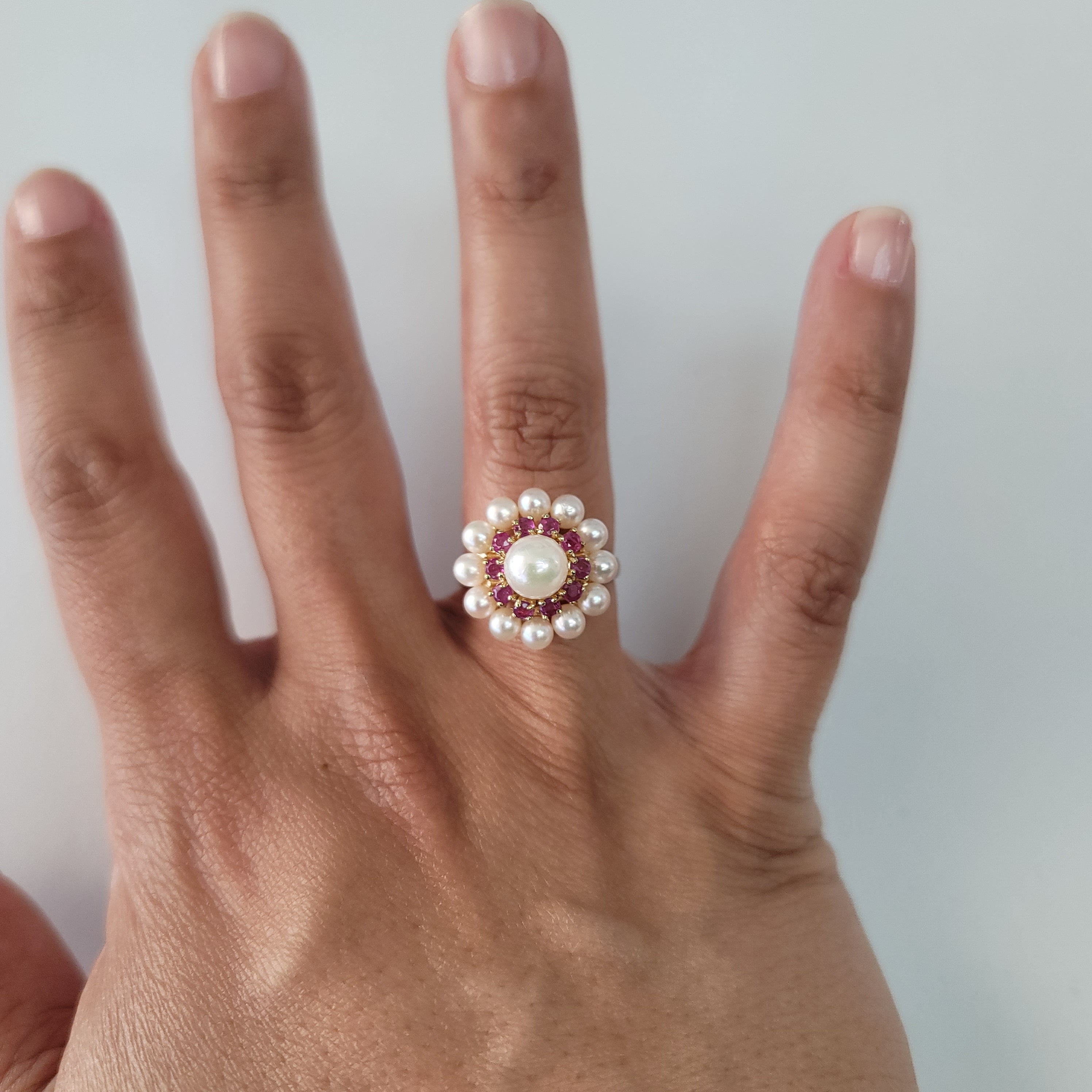 14k Yellow Gold Double Halo Pearl & Ruby Ring with 7MM Pearl - Elegant Jewelry for Weddings, Anniversaries & Special Occasions