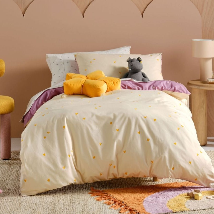 I Heart You Reversible Quilt Cover Set by Linen House Kids - Soft & Comfortable Bedding for Kids' Room Decor, Nursery, and Cozy Sleep