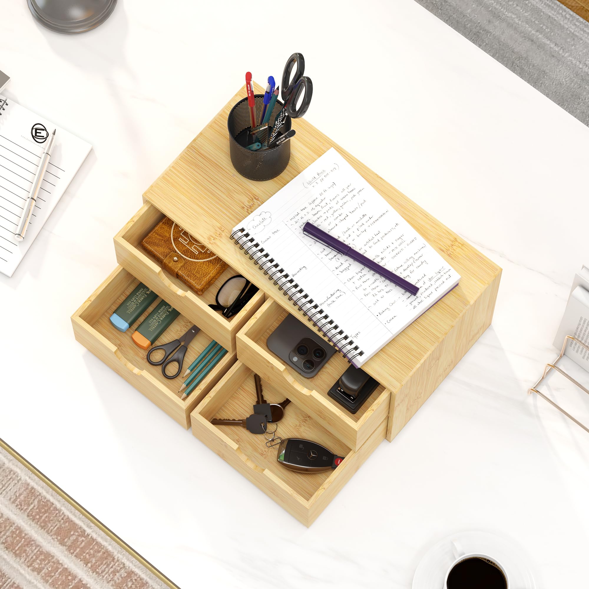 Bamboo Desk Organizer with Drawers - Small Desktop Storage Container for Home Office, Countertop & Tabletop Organization - No Assembly Required - Perfect for Pens, Paper Clips & Office Supplies