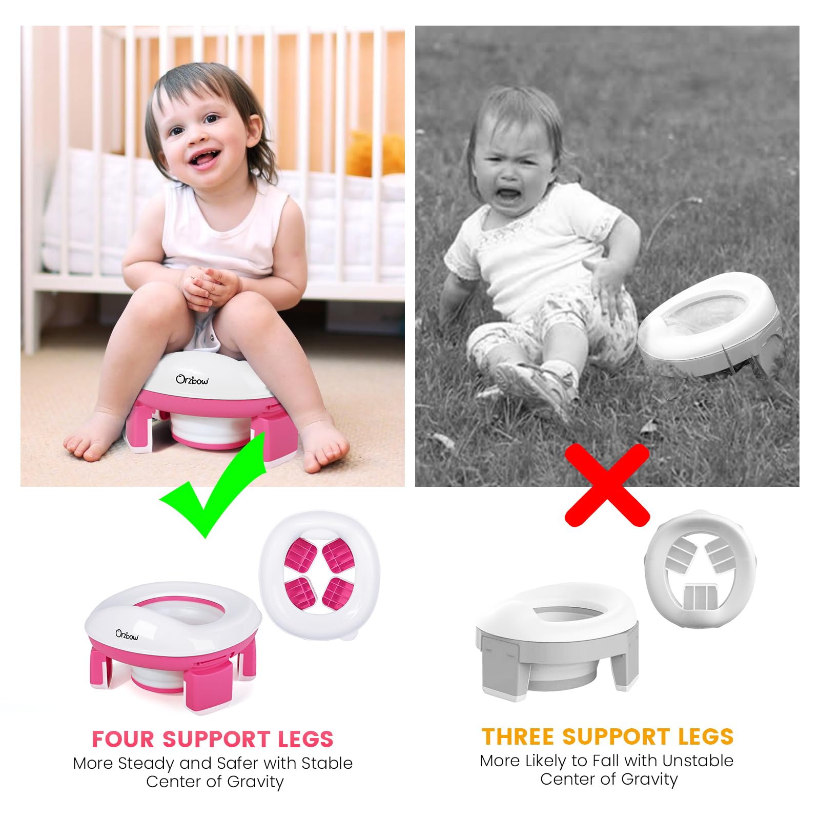 Orzbow Foldable Travel Potty Chair for Toddlers - Portable Kids Training Toilet Seat with Splash Guard, Storage Bag & 40 Disposable Bags | Perfect for Car Trips, Camping & Outdoor Adventures (Pink)