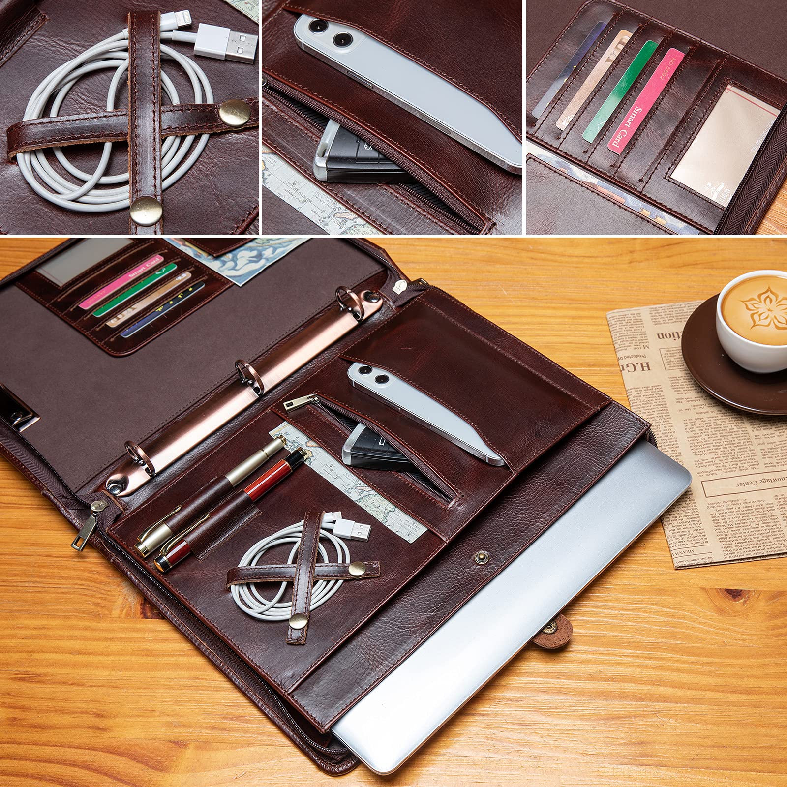 YIWEN Handmade Genuine Leather Portfolio - Zippered Business Padfolio with 3-Ring Binder, Professional Organizer for Resume, Documents & Tablet (Oil Wax Finish) | Perfect for Office Meetings, Job Interviews & Executive Gifts