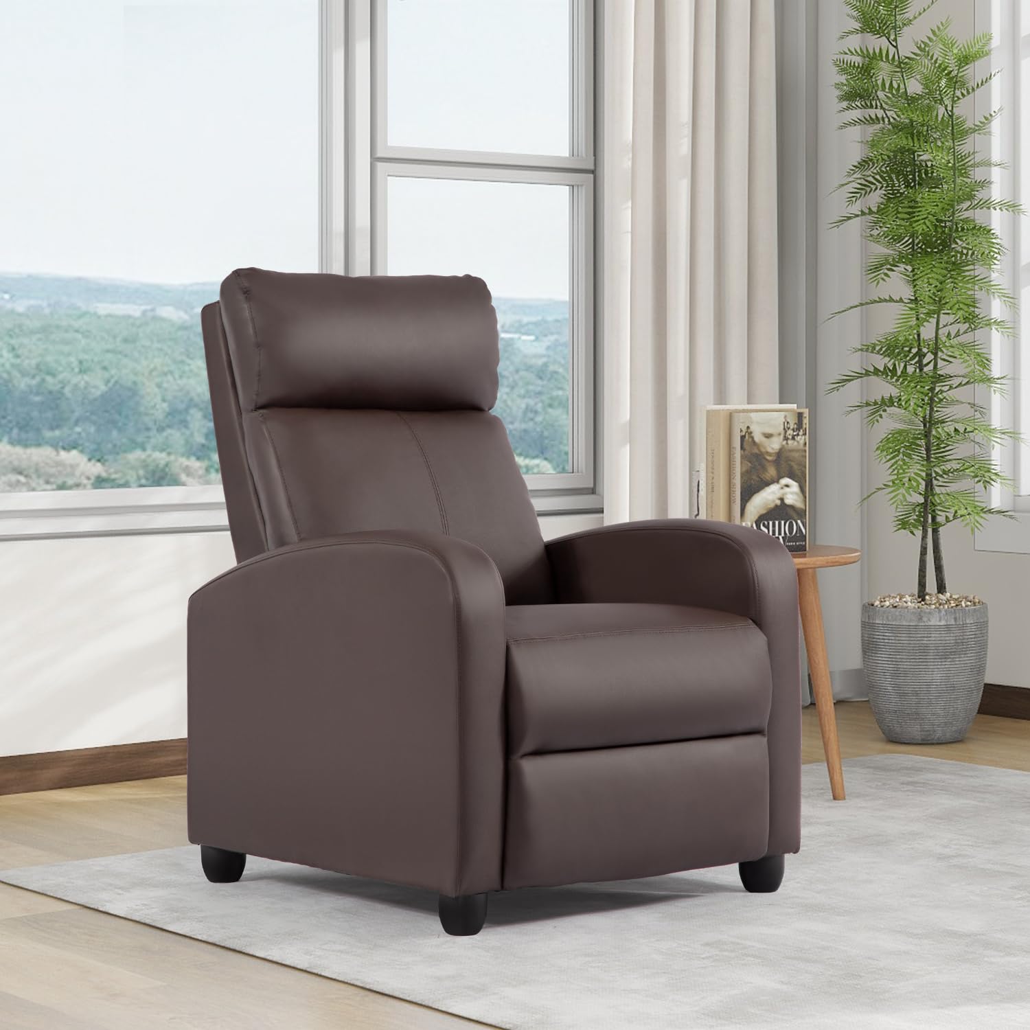 FDW Leather Recliner Chair - Single Reclining Sofa with Padded Seat & Backrest - Brown Home Theater Seating for Living Room, Lounge & Entertainment Spaces - Comfortable Chaise for Relaxing, Watching Movies & Reading