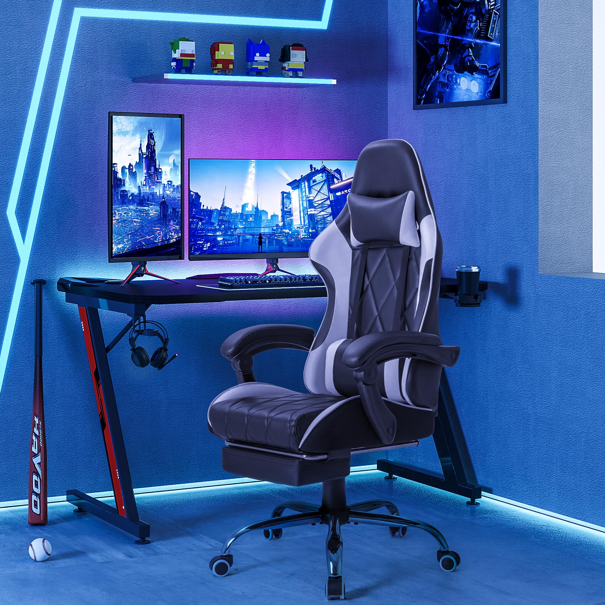 Homall Ergonomic Gaming Chair with Footrest & Lumbar Support - High Back Computer Chair with Swivel Seat & Headrest for PC Gamers - Perfect for Office, Streaming & Esports (White)