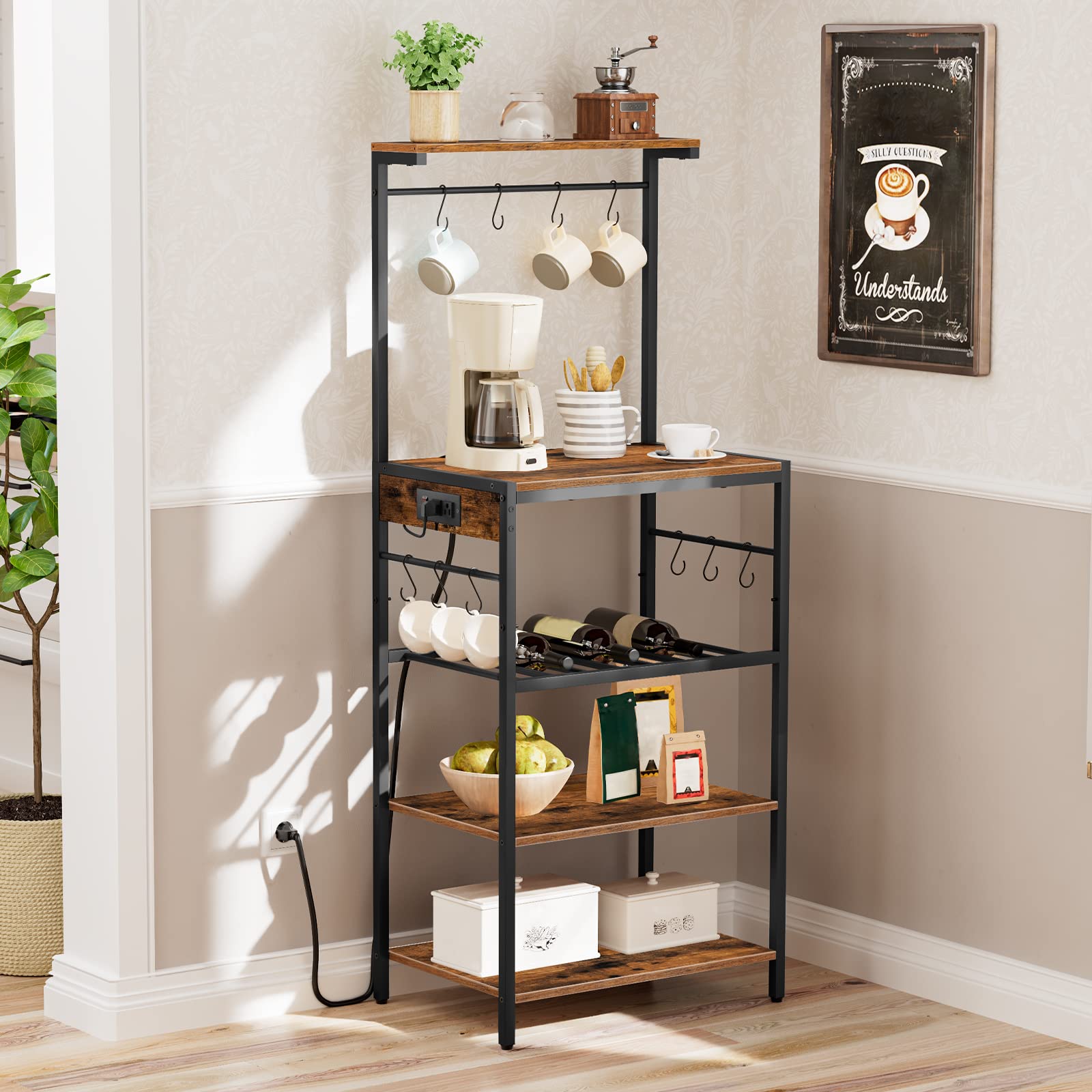 HOOBRO 5-Tier Kitchen Bakers Rack with Power Outlet - Adjustable Coffee Bar & Wine Rack, Microwave Stand with 10 S-Hooks - Rustic Brown Storage Shelf for Kitchen, Dining Room, or Coffee Station - Model BF60UHB01